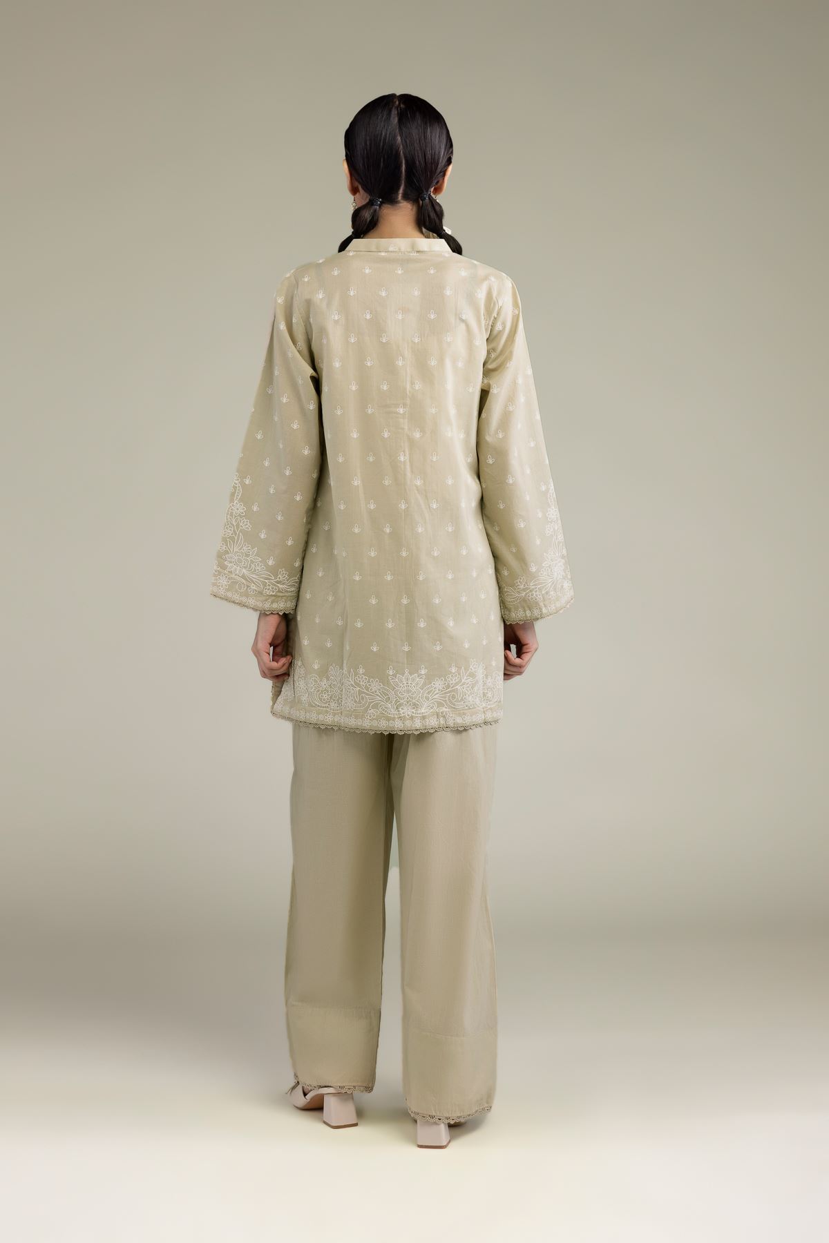 Printed Cambric Beige Band-Collar Kurta - T-A11-26-106FI2-VG