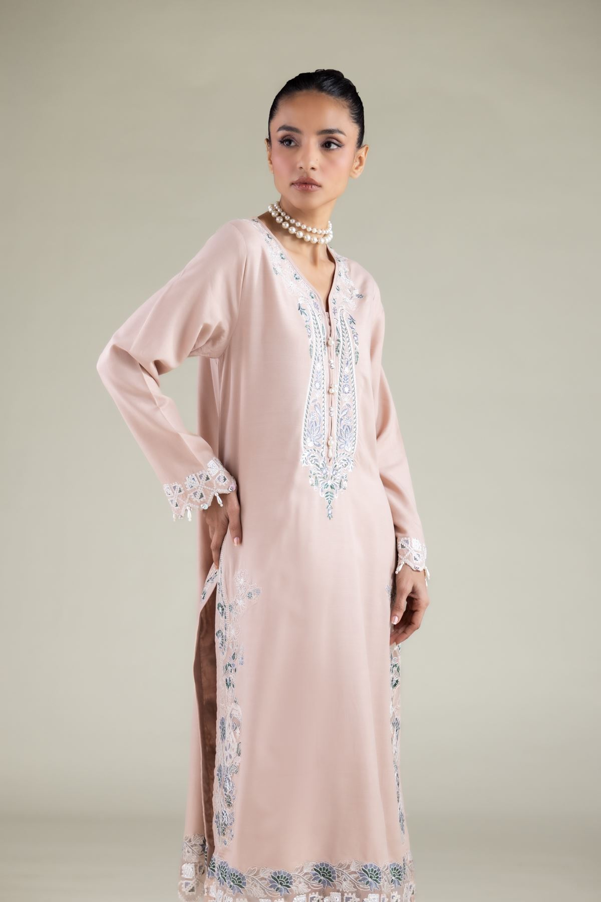 Embroidered Raw Silk Floral Longline Kurta - 2-26-112-A-B-VG