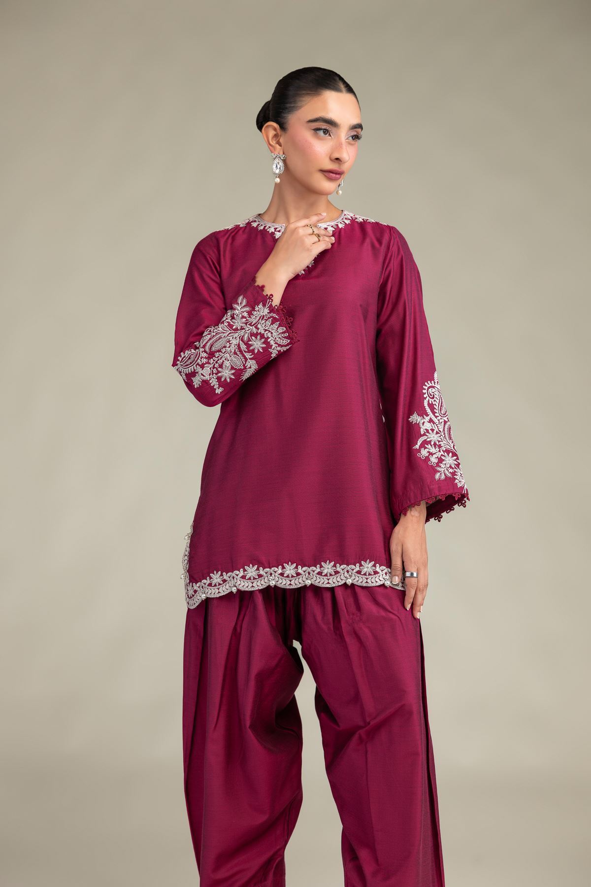 Printed Raw Silk Silk V-Neck Kurta - 1-26-244-A-D1-VG