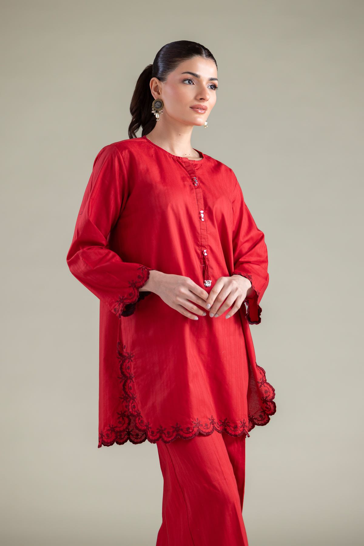 Embroidered Cotton Dobby Short Solid Kurta - 1-26-113-A-B-VG