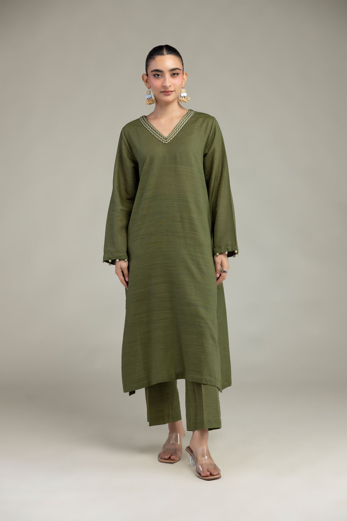 Dyed Textured Cotton Olive Cotton Pants - 8-26-304-A-C1-VG