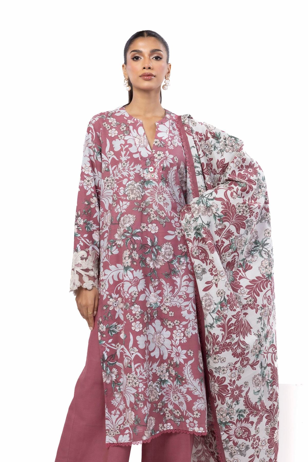 Embroidered Slub Cotton Tailored 3 Piece - KN31AST-VG