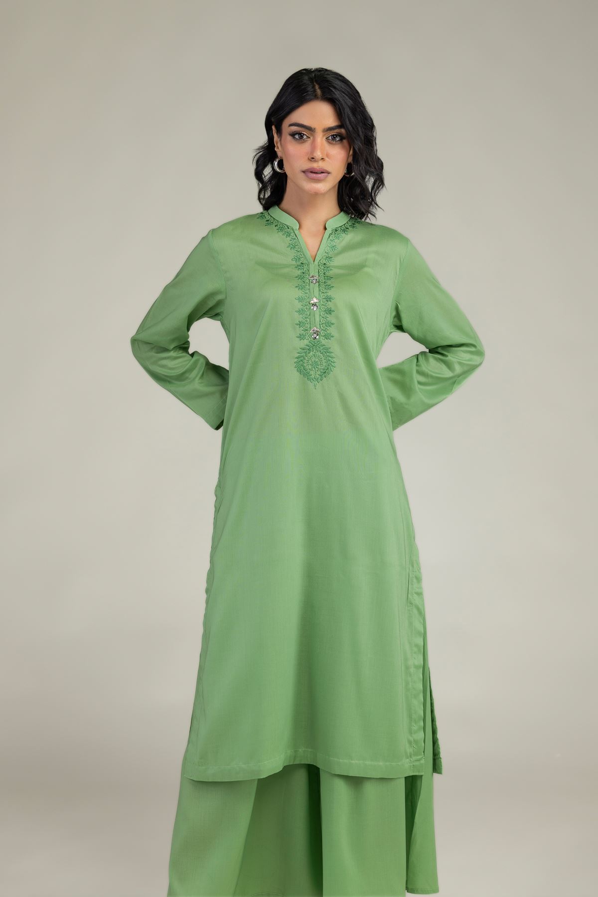 Embroidered Lyocell Green V-Neck Kurta - 8-26-208-A-A1-VG
