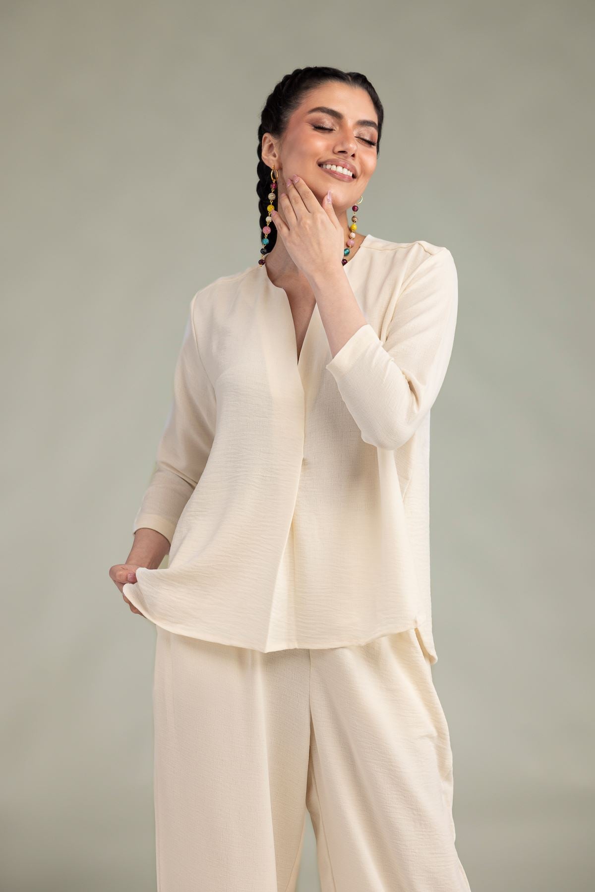 Dyed Crepe Georgette Solid V-Neck Shirt - 6-26-207-B-E1-VG