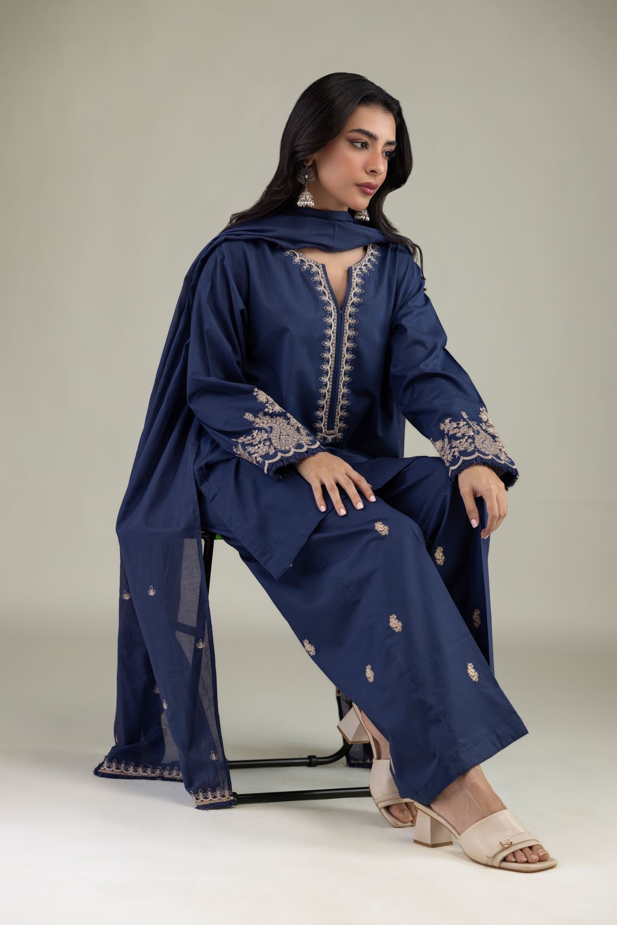 Embroidered Cambric Navy V-Neck Kurta - 8-26-303-A-C1-VG