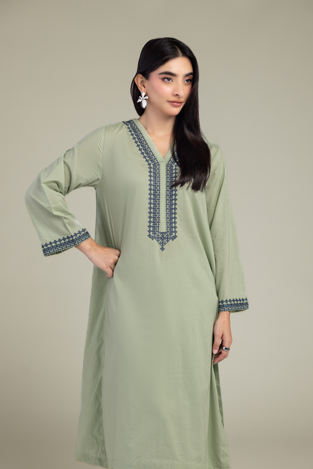 Embroidered Cambric Long Mint Kurta - 1-26-102-A-F-VG