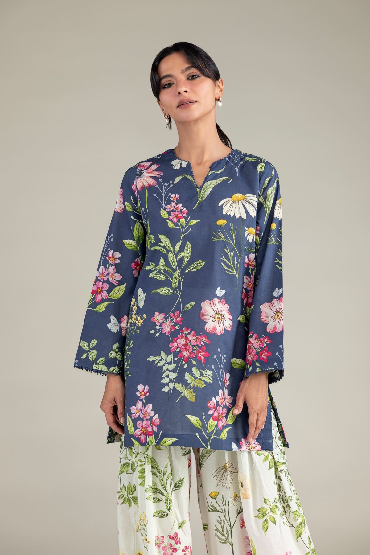 Printed Cambric Short Navy Kurta - 1-26-332-C-A2-VG