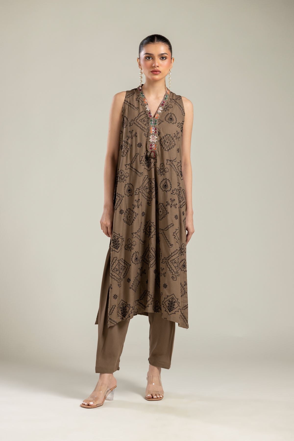 Embroidered Raw Silk Brown Sleeveless Kurta - 2-26-202-A-G-VG