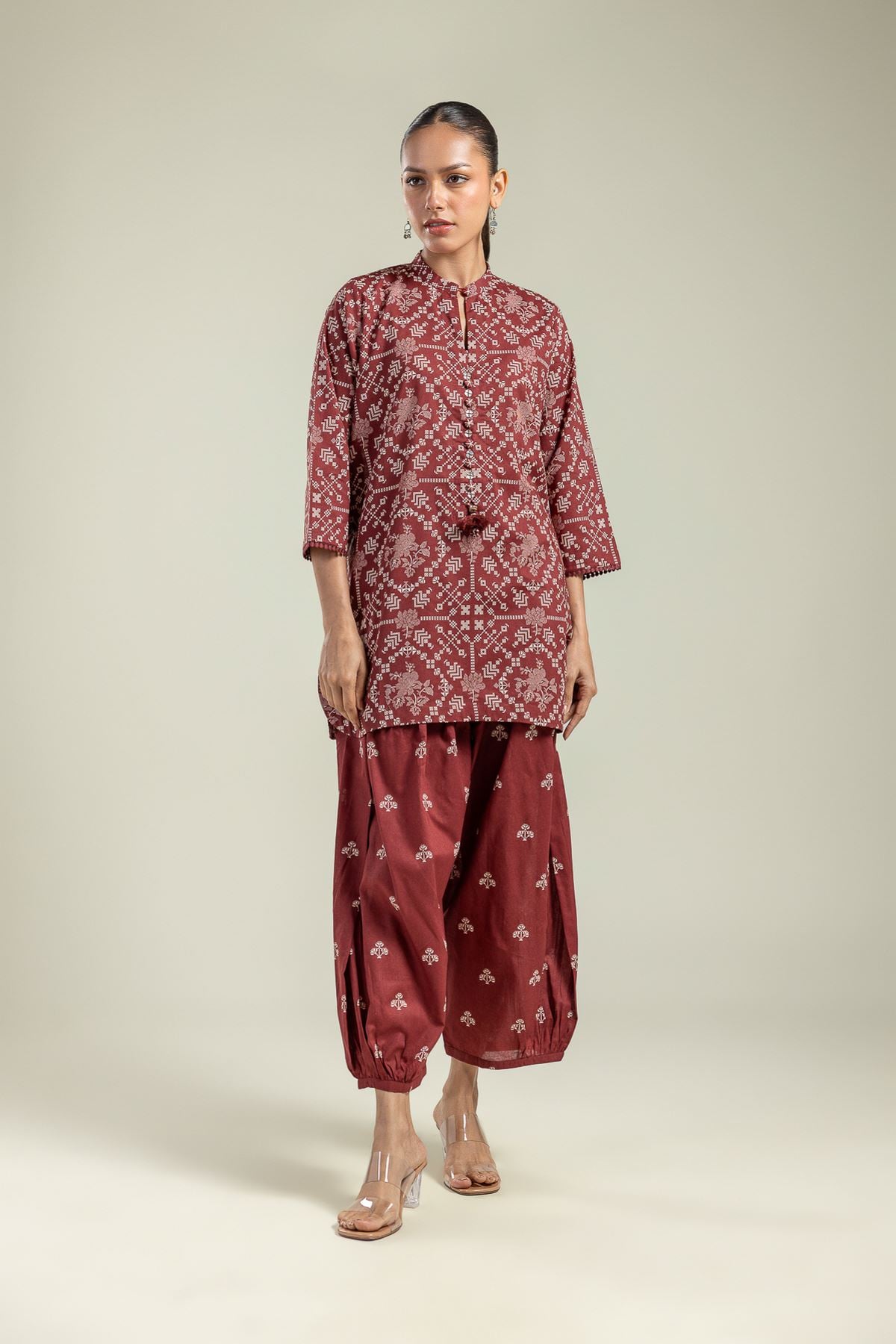 Printed Cambric Maroon Cambric Shalwar - 1-26-208-A-A1-VG