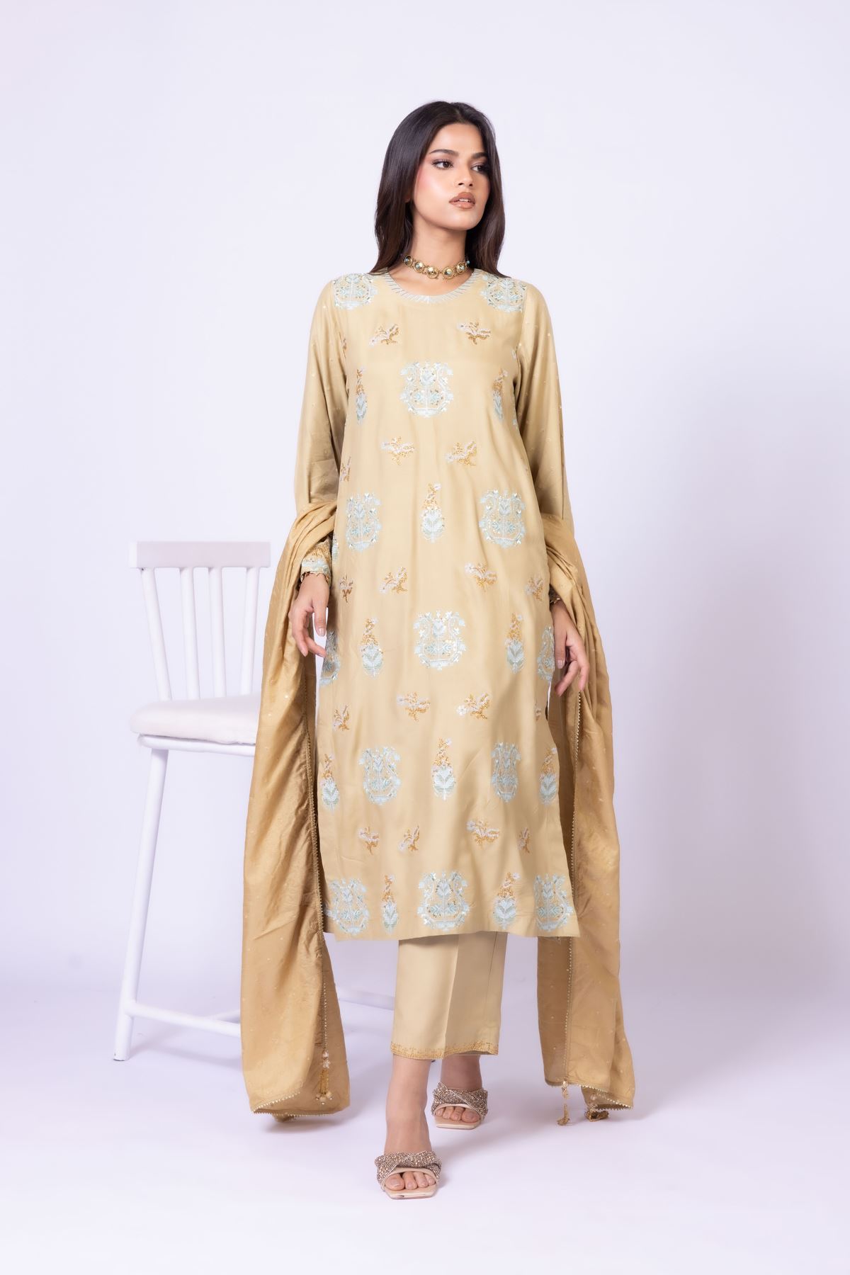 Embroidered Raw Silk Pants - 25-10-10S6-01TB-VG