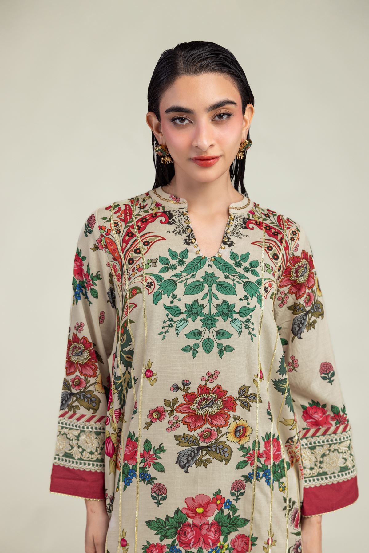 Embroidered Raw Silk Floral Beige Kurta - 1-26-203-A-C1-VG