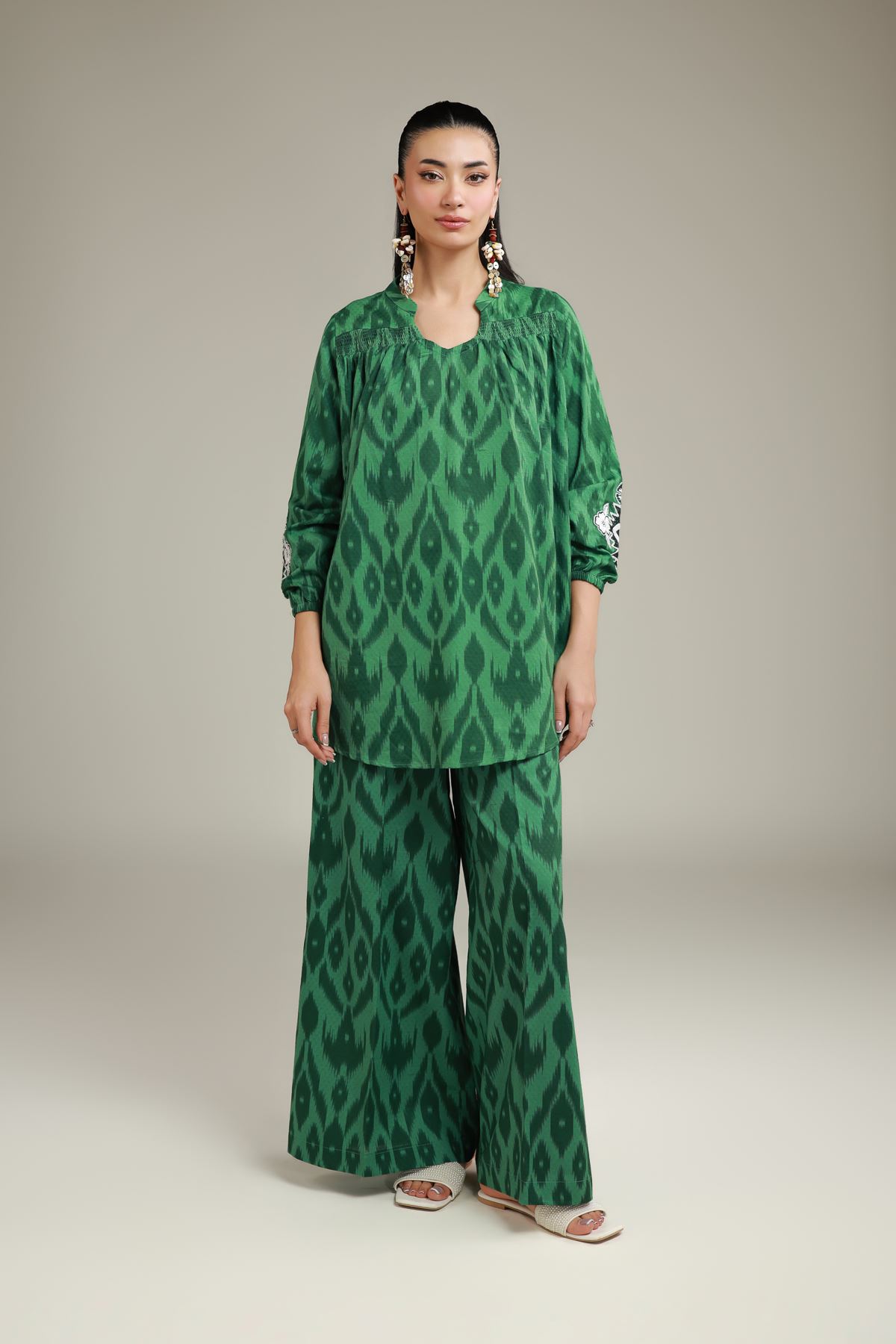 Embroidered Cotton Dobby Wide Cotton Pants - 1-26-132-A-E-VG