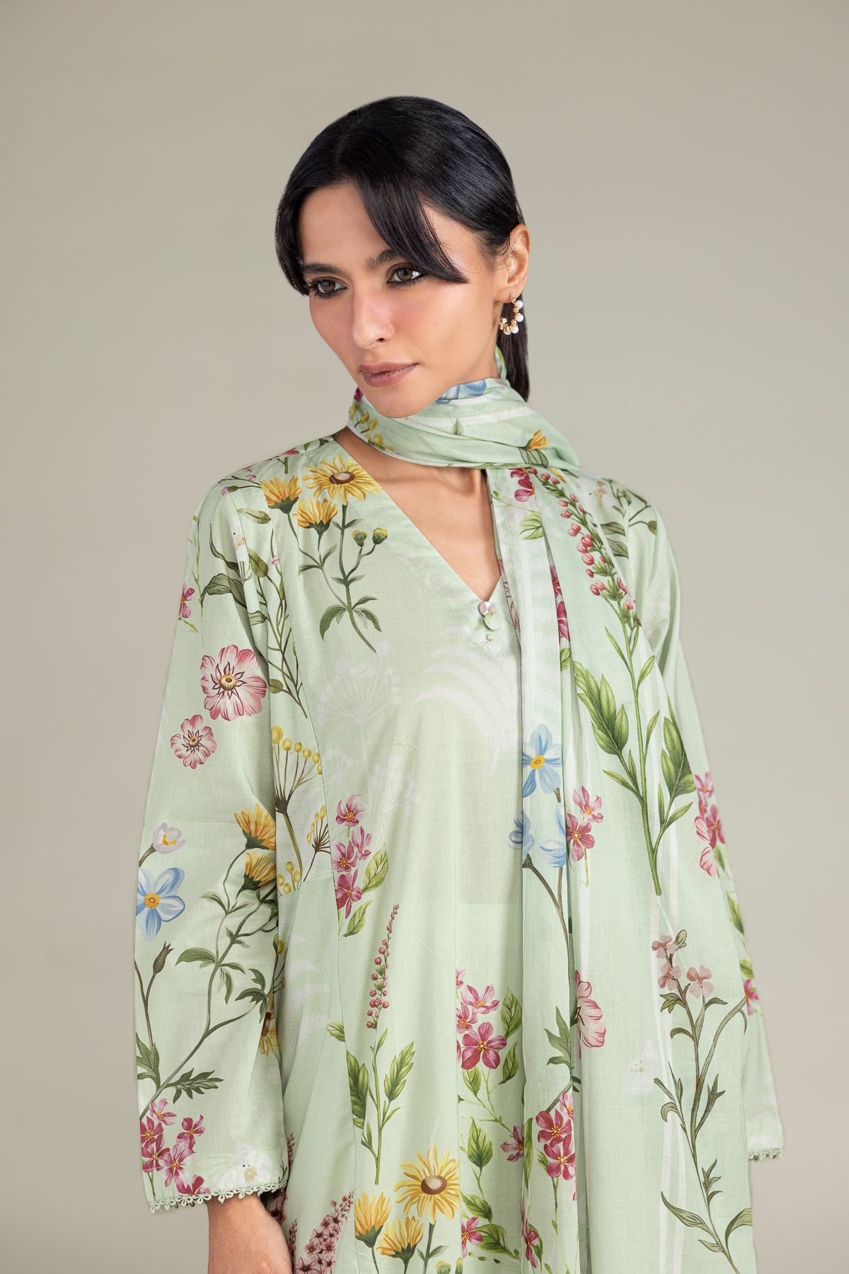 Printed Lawn Floral Mint Dupatta - 1-26-102-A-F-VG