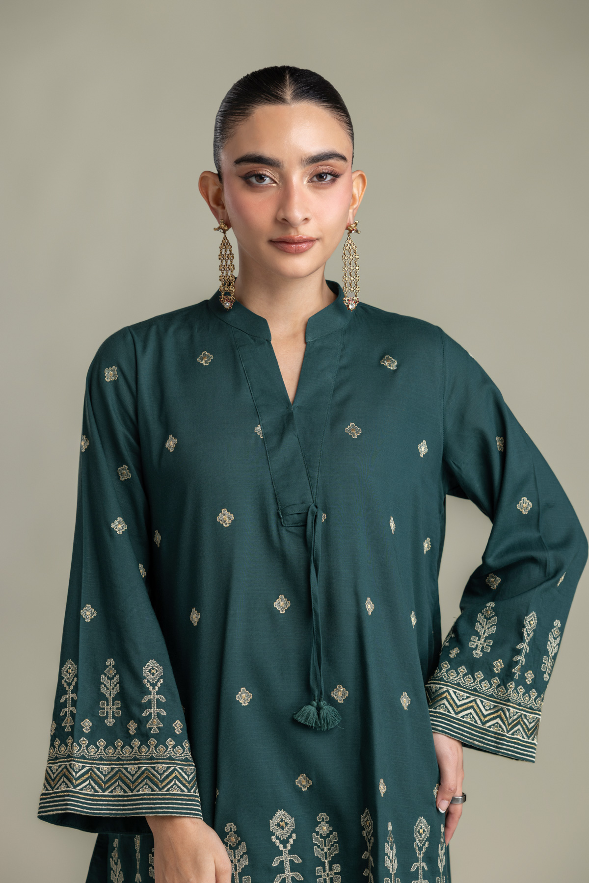 Embroidered Raw Silk Short V-Neck Kurta - 2-26-202-A-D-VG