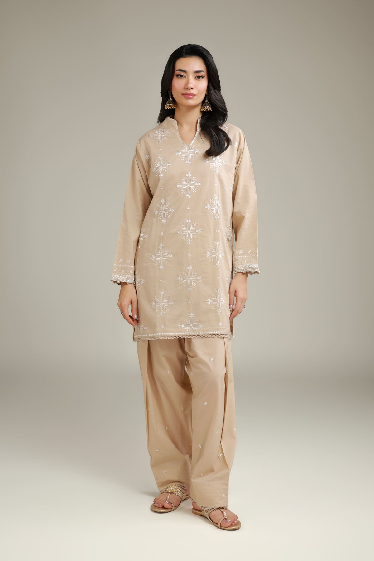 Embroidered Cambric Short Beige Kurta - 1-26-101-A-D-VG