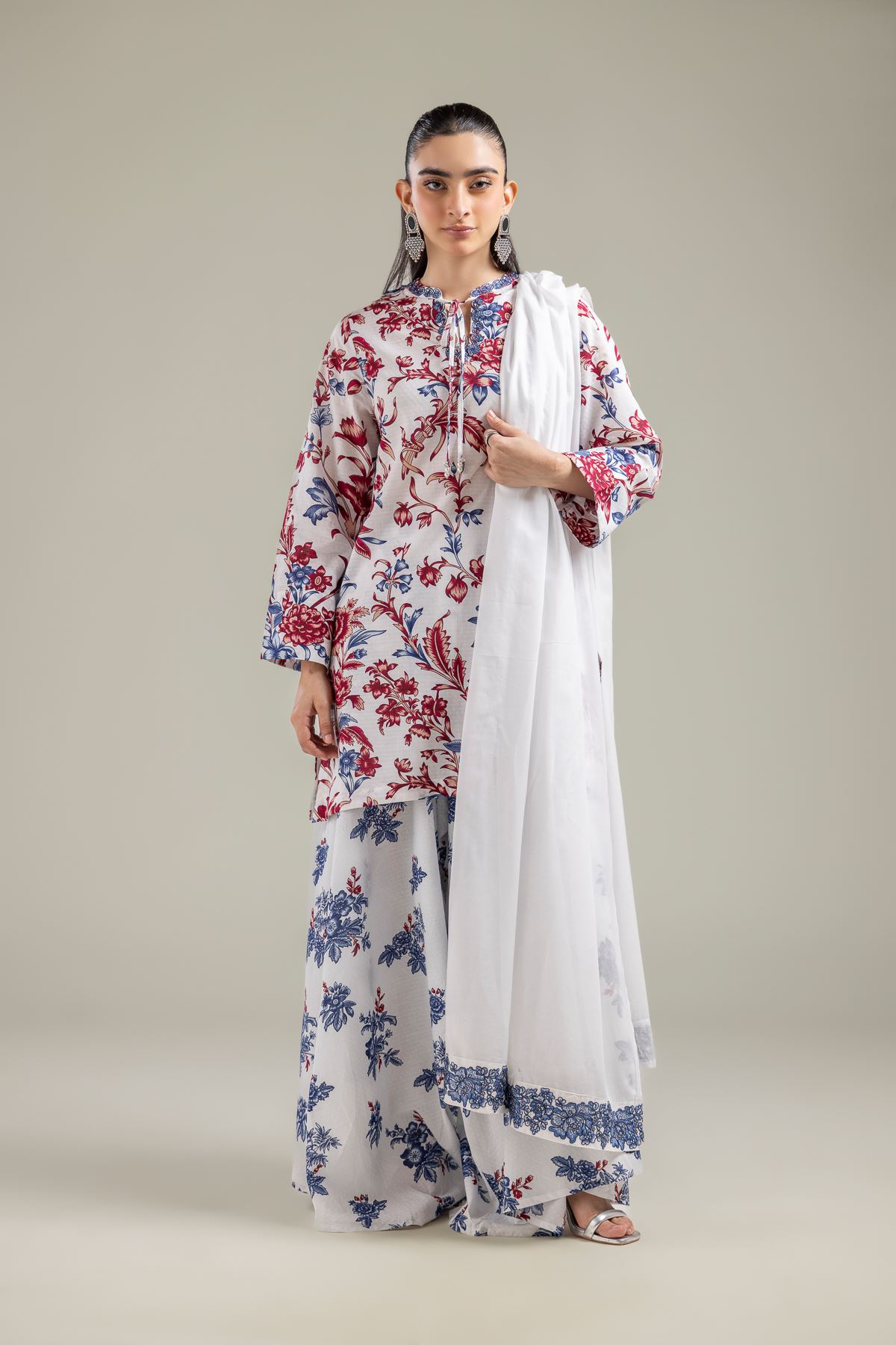Embroidered Cotton Dobby White Floral Pants - 1-26-118-A-D-VG
