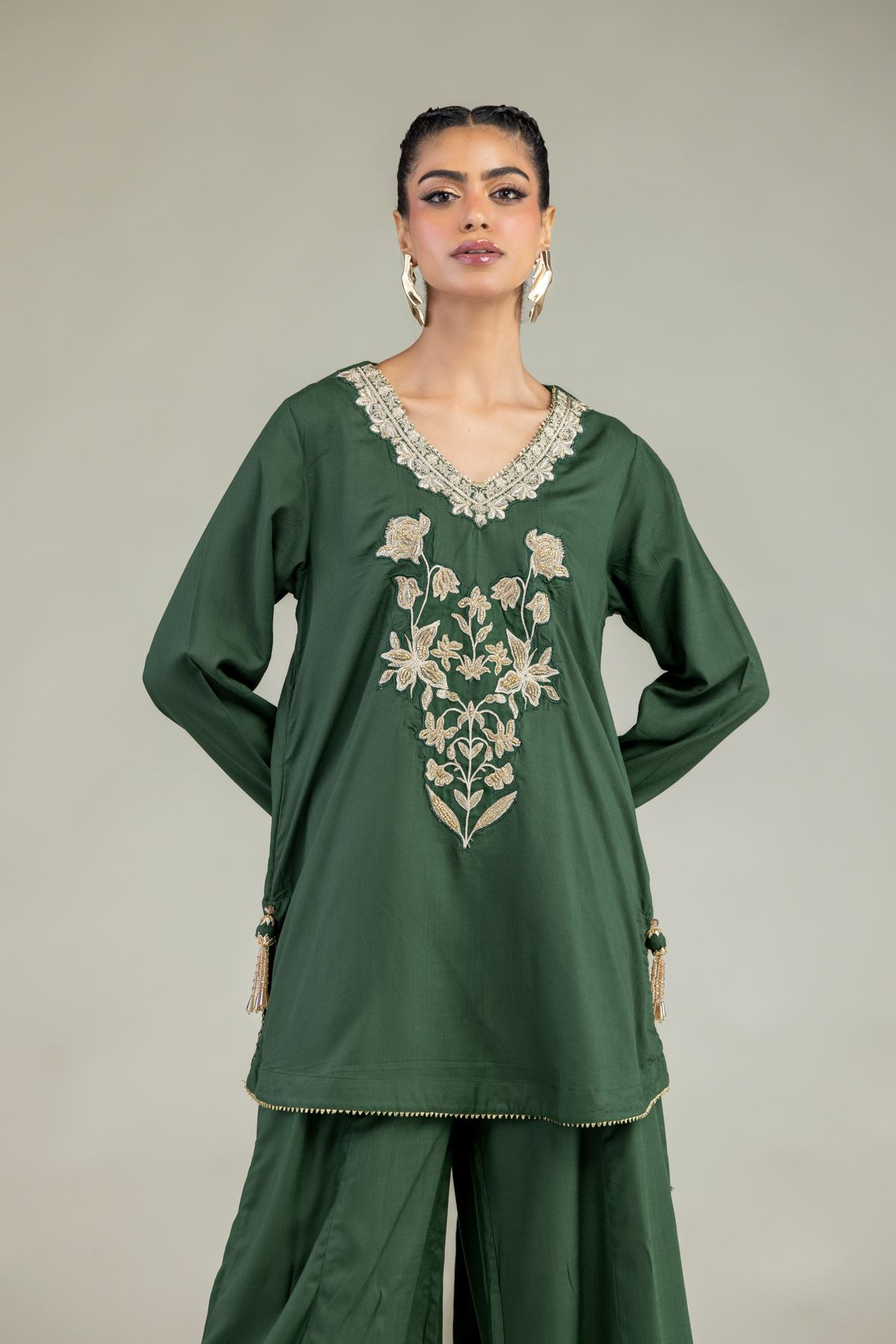 Embroidered Raw Silk Floral Green Kurta - 2-26-203-A-B1-VG