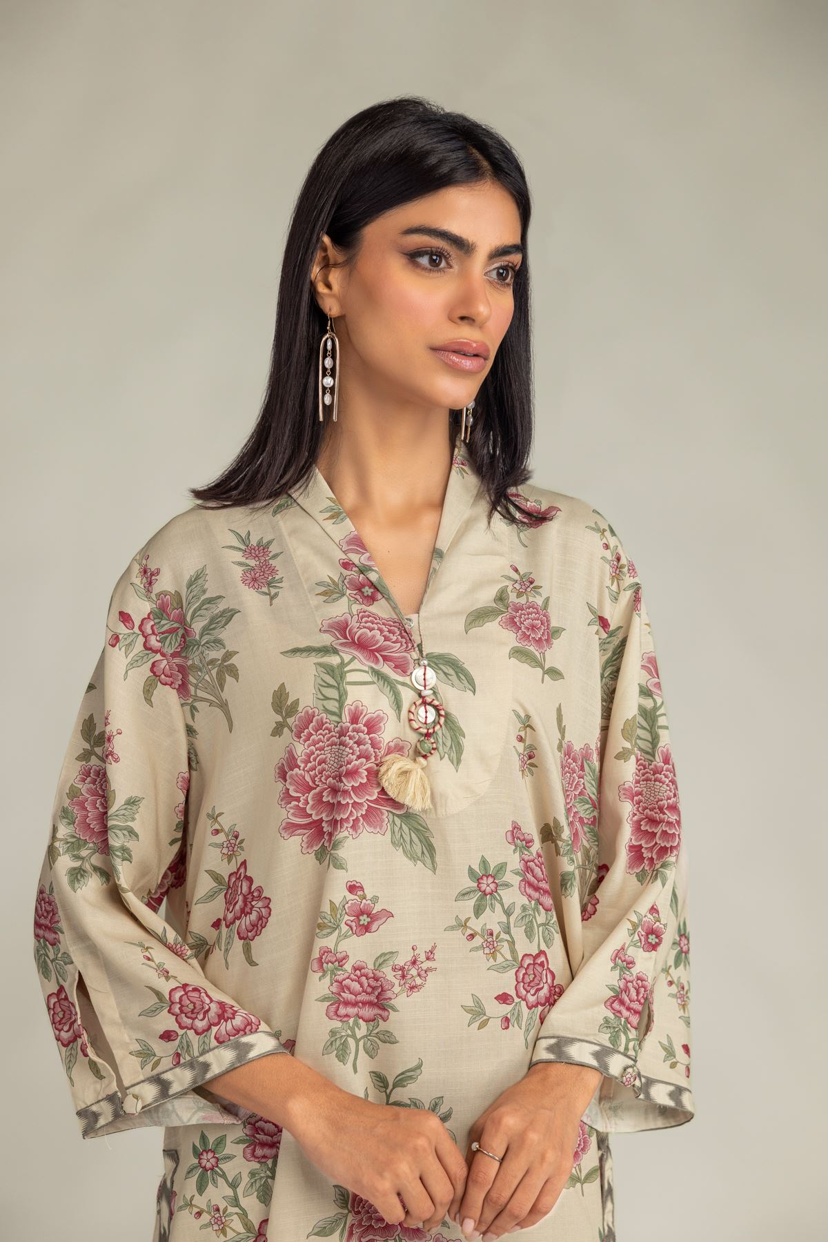 Printed Raw Silk Floral Longline Kurta - 1-26-102-A-F-VG