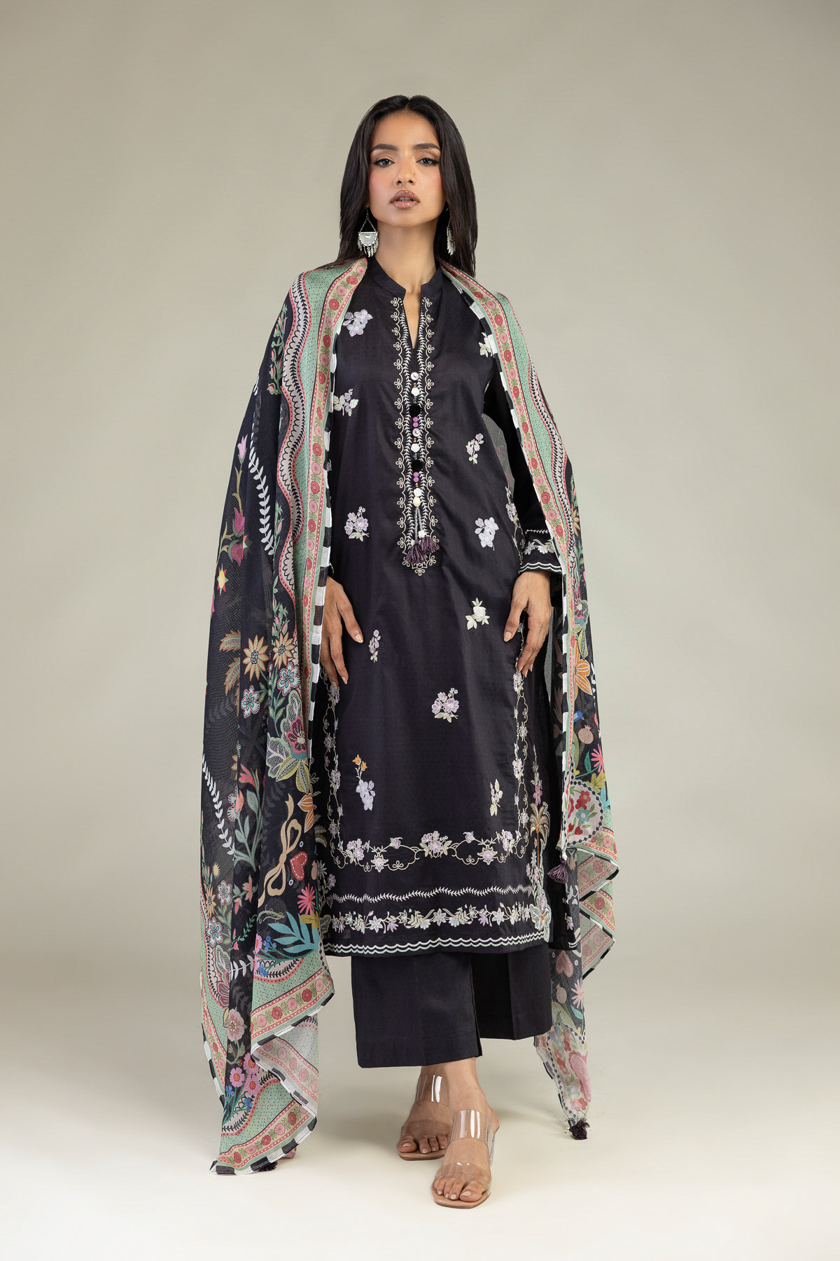 Embroidered Cotton Dobby Black Tailored Set - 1-26-102-A-F-VG