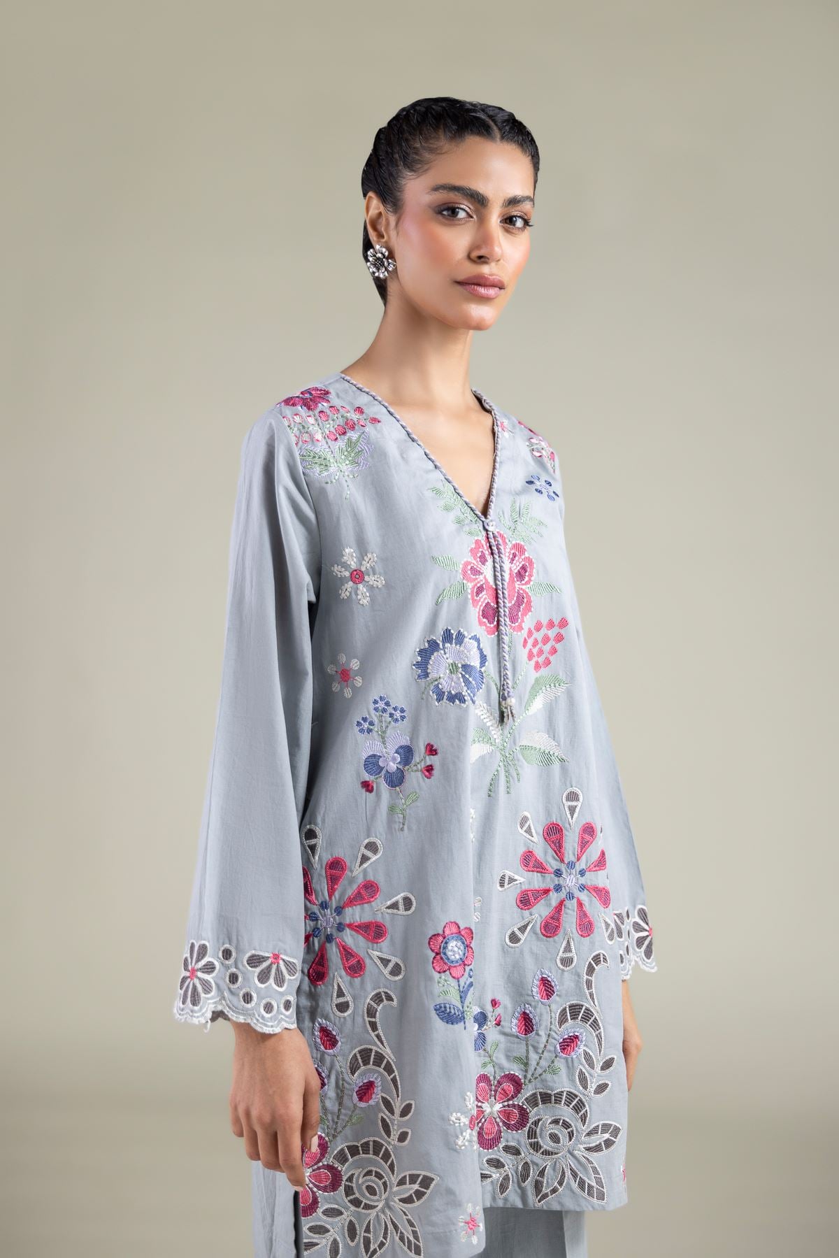 Embroidered Textured Cotton Floral V-Neck Kurta - 1-26-129-A-D-VG