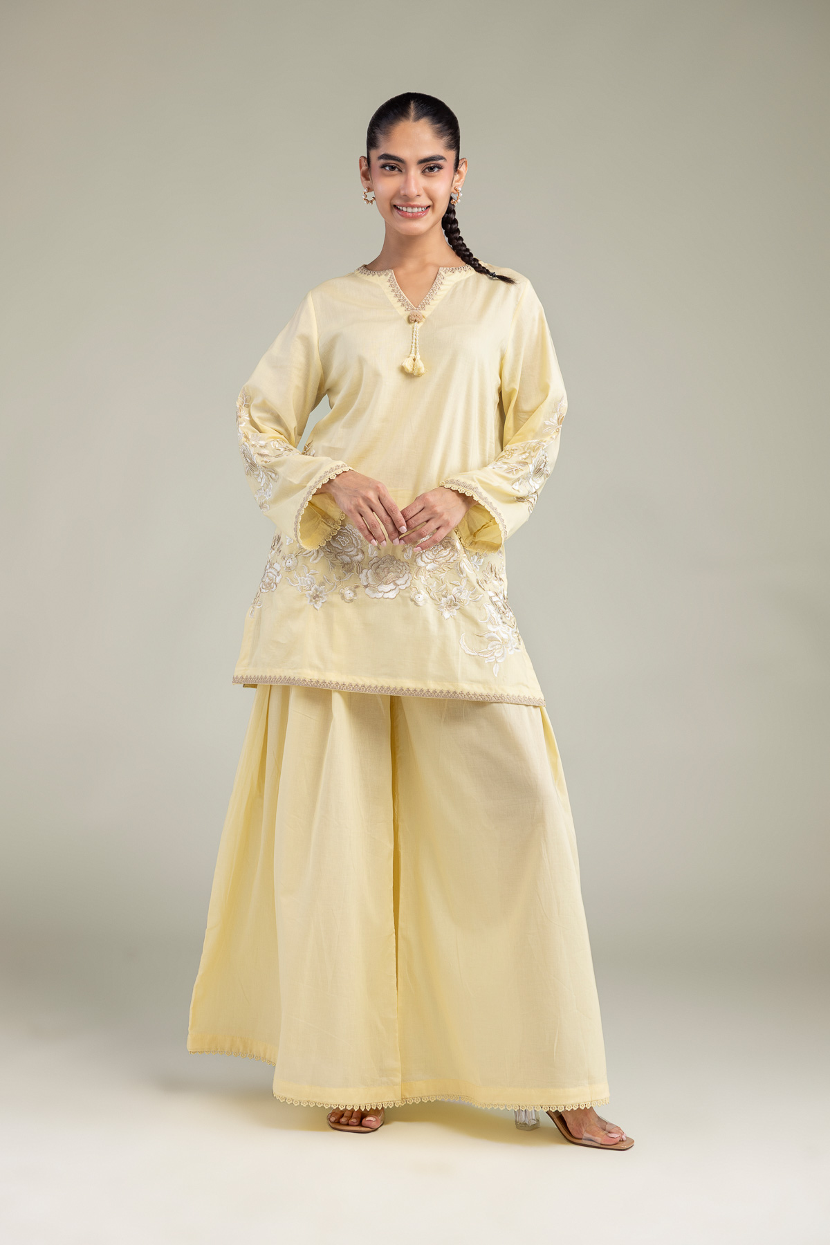 Embroidered Cambric Yellow Cambric Pants - A22-26-214FH1-VG