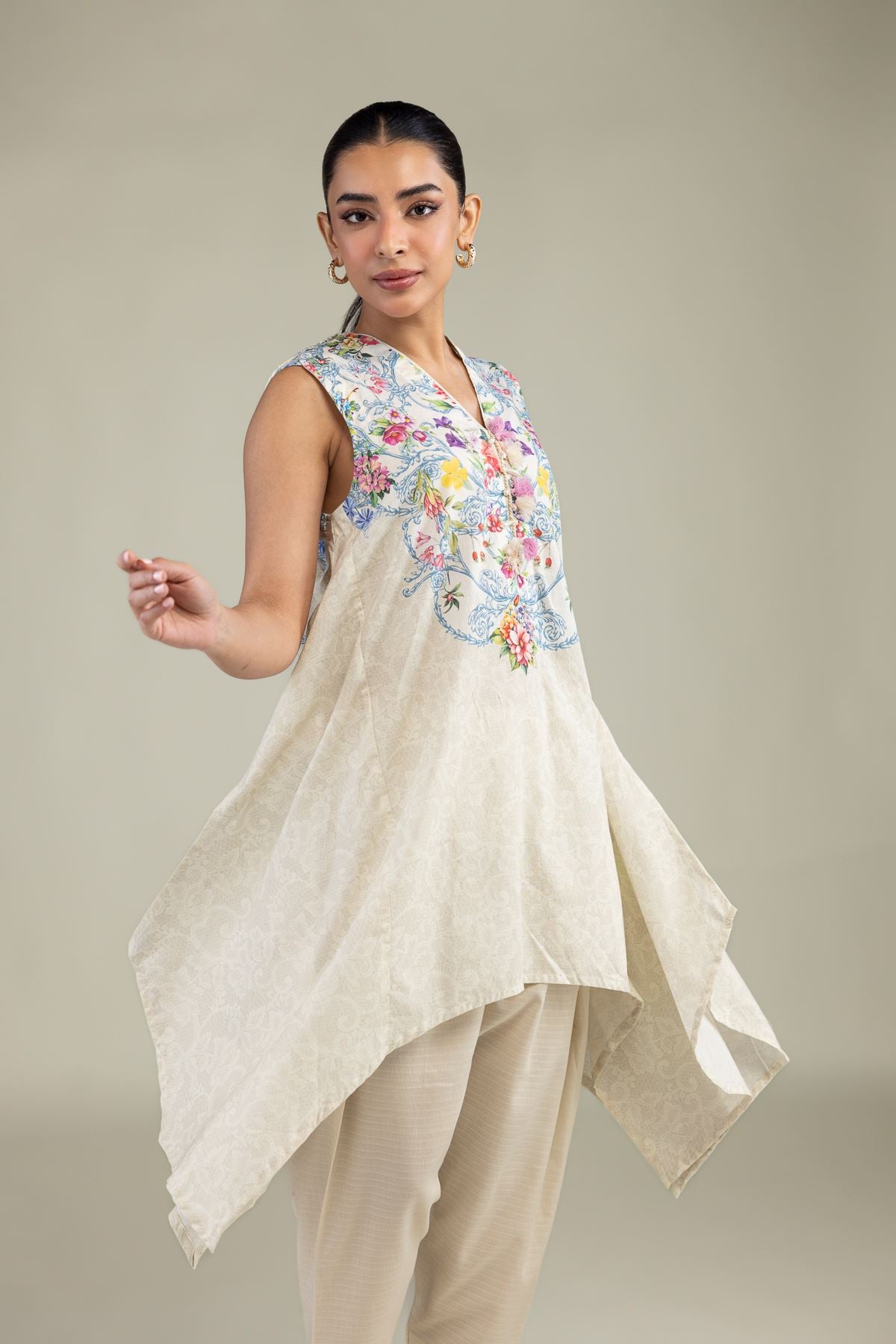 Printed Cotton Dobby Sleeveless Floral Kurta - 1-26-229-B-F1-VG