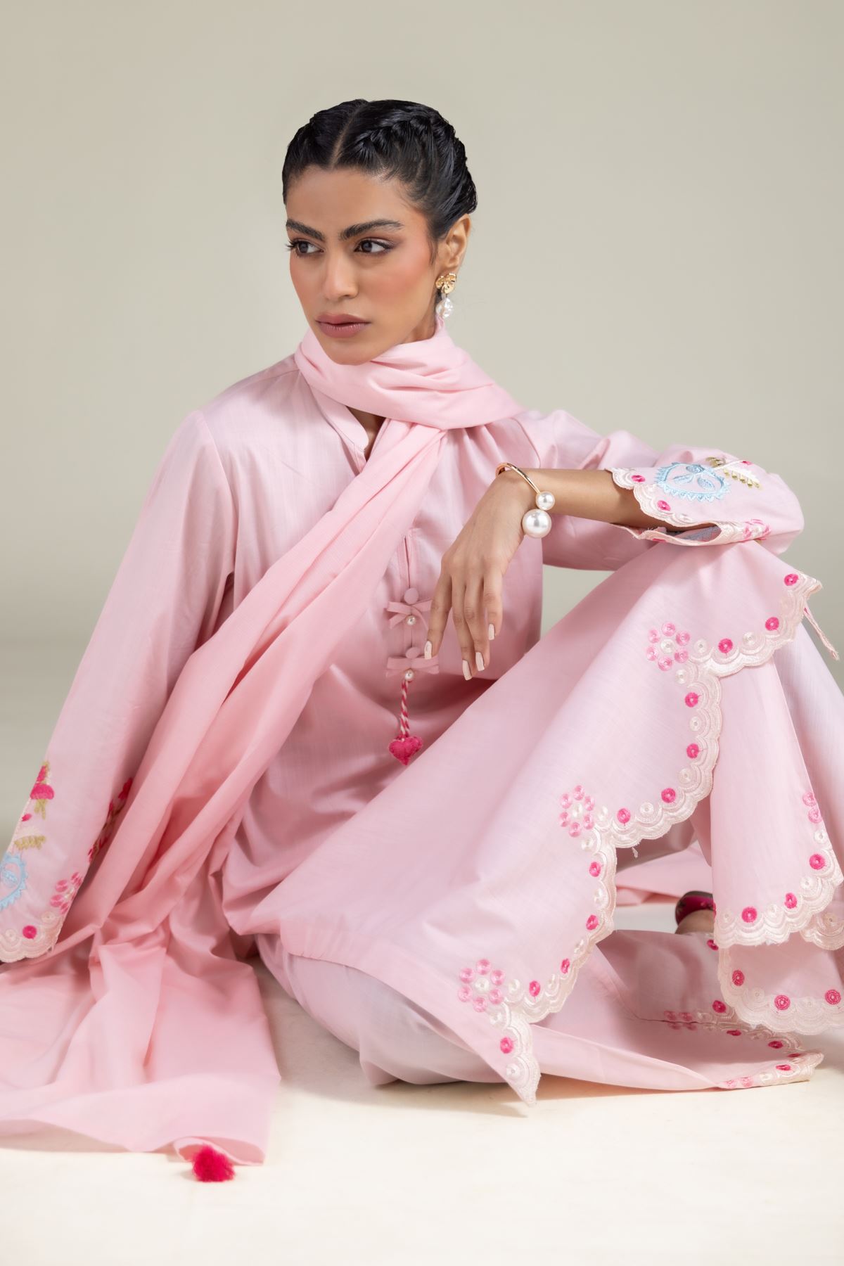 Embroidered Textured Cotton Tassel Dupatta - 1-26-143-A-H-VG