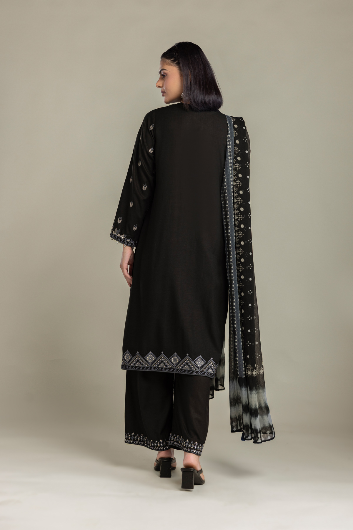 Embroidered Raw Silk Black Tailored 3-Piece - 1-26-408-A-B1-VG