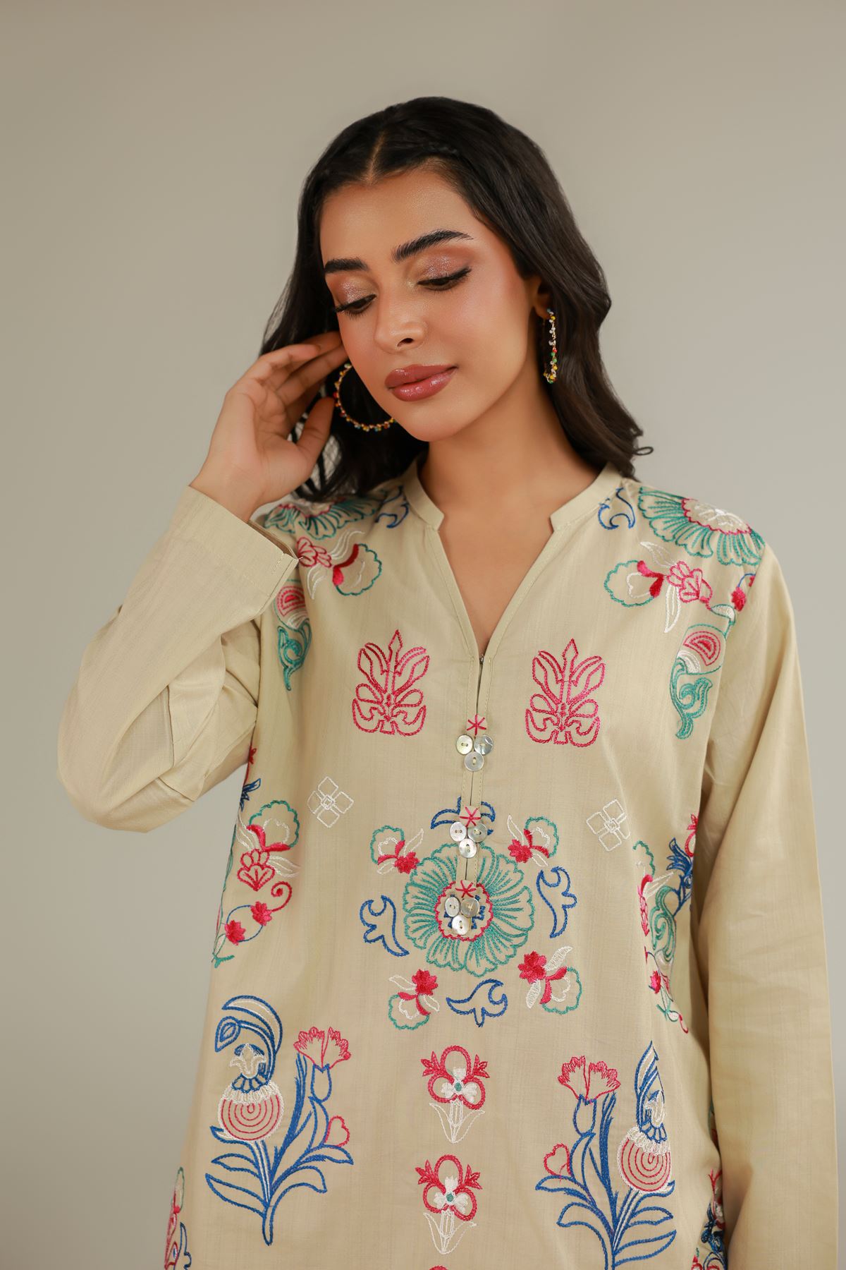 Embroidered Cotton Dobby Floral Beige Kurta - 1-26-114-A-F-VG