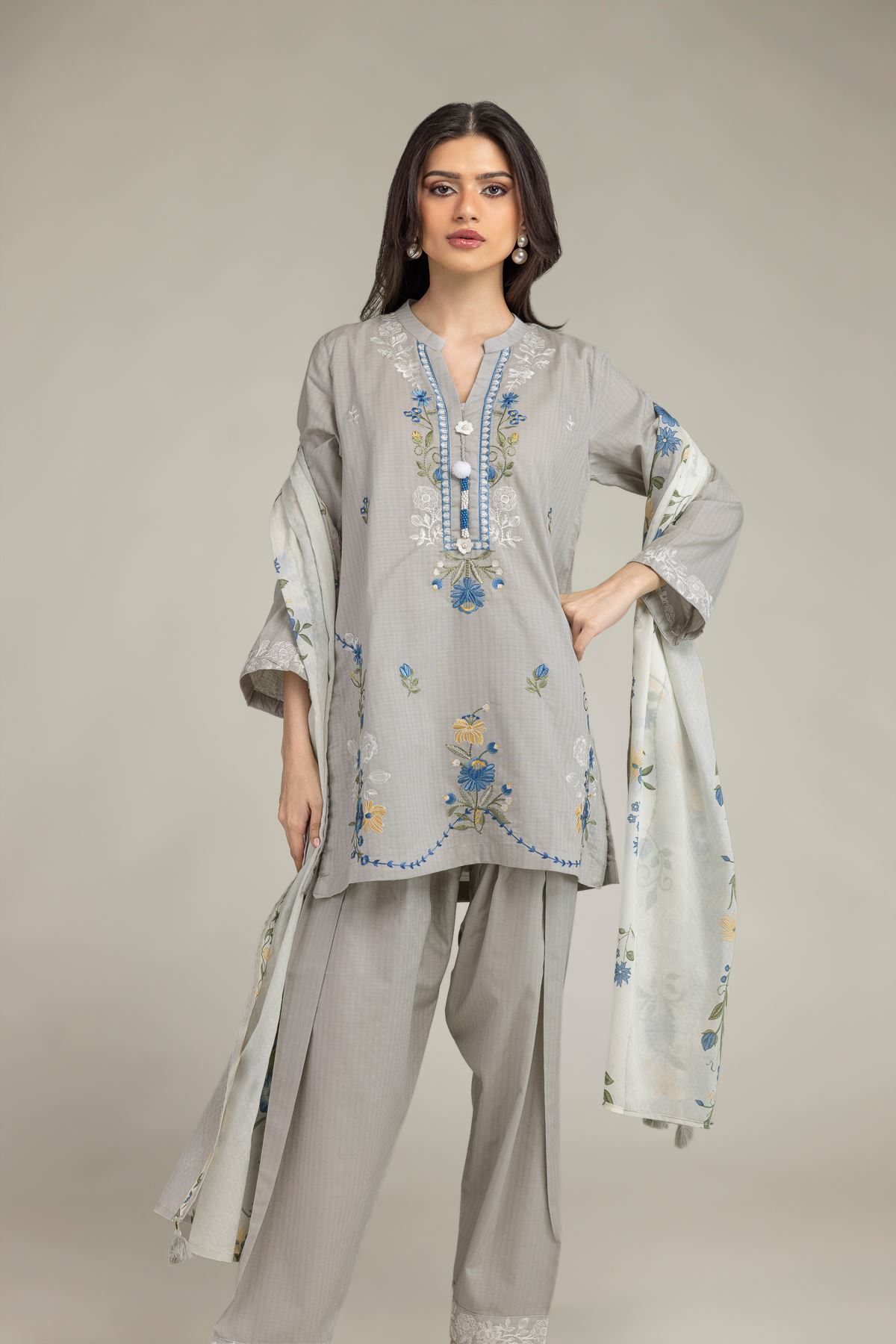 Embroidered Cotton Net Gray Floral Dupatta - 1-26-225-A-C1-VG