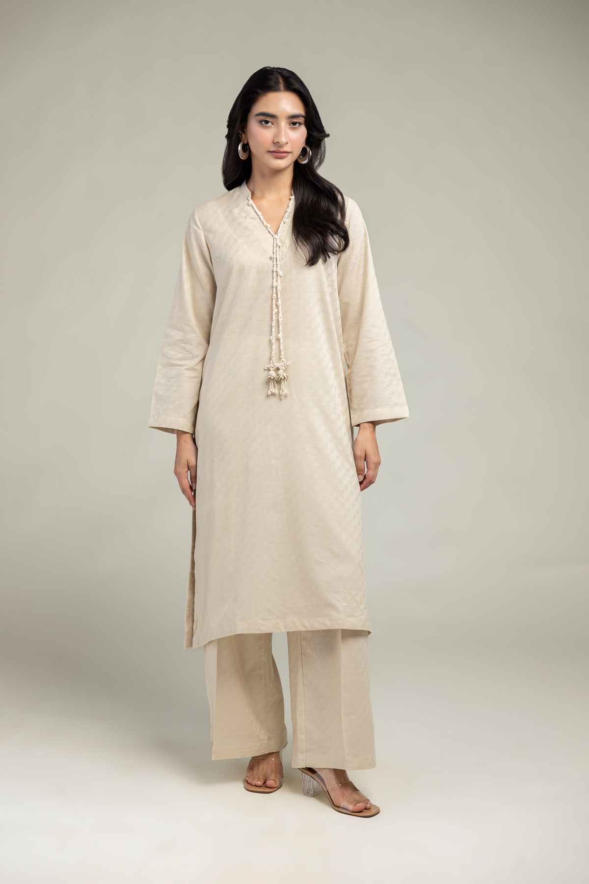 Dyed Cotton Dobby Beige Solid Pants - 1-26-102-A-F-VG