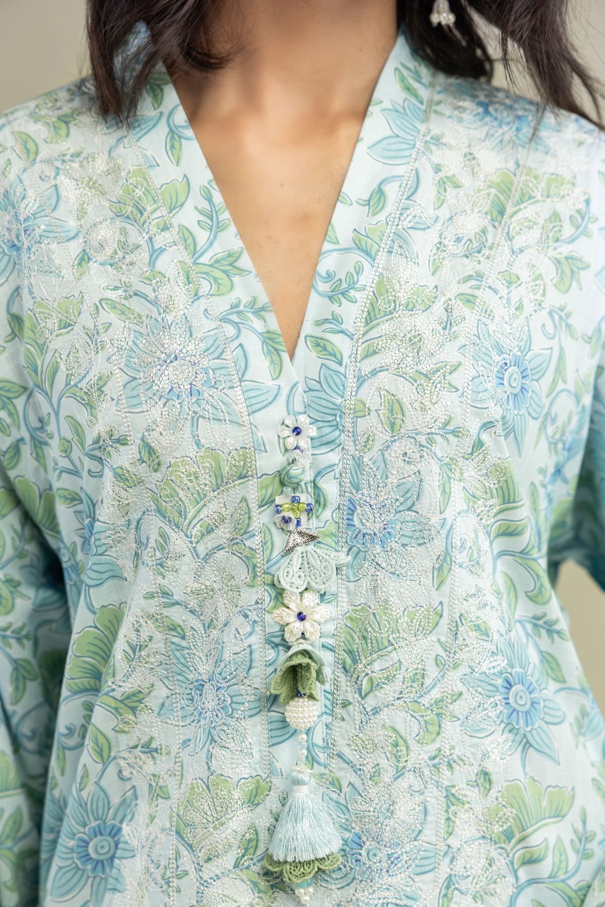 Embroidered Raw Silk Long Floral Kurta - 1-26-309-B-D1-VG