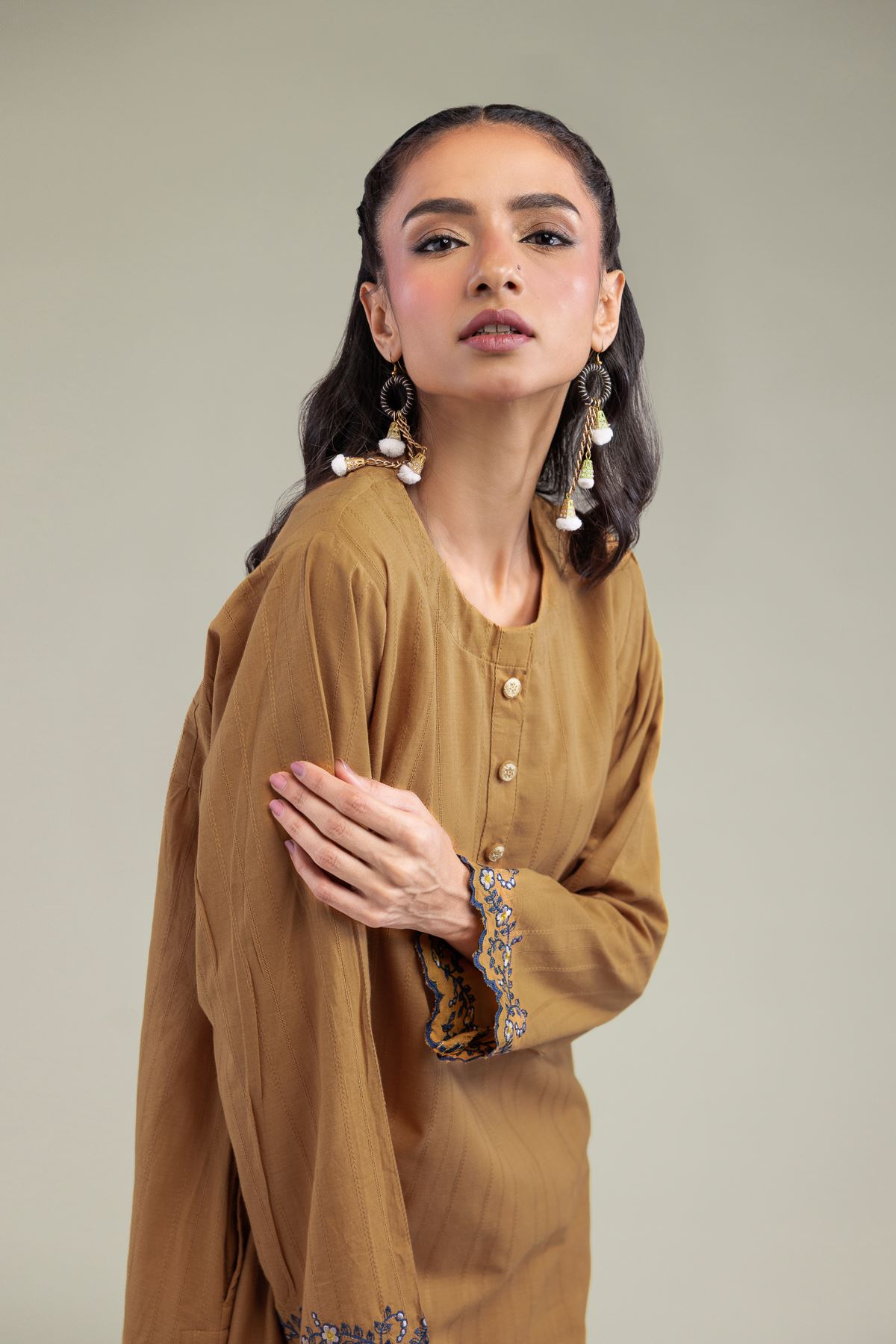 Embroidered Textured Cotton Cotton Longline Kurta - 1-26-206-A-F1-VG