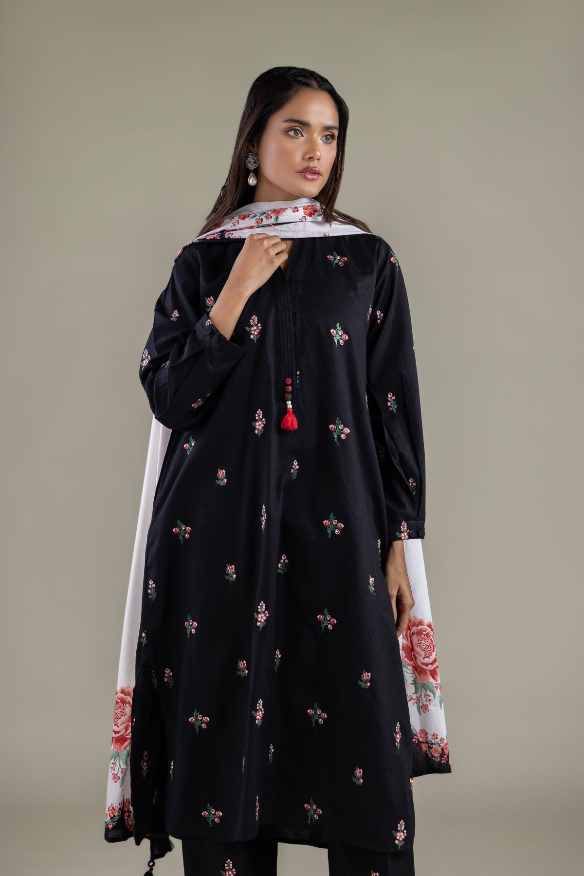 Embroidered Cotton Dobby Long Floral Kurta - 1-26-114-A-F-VG