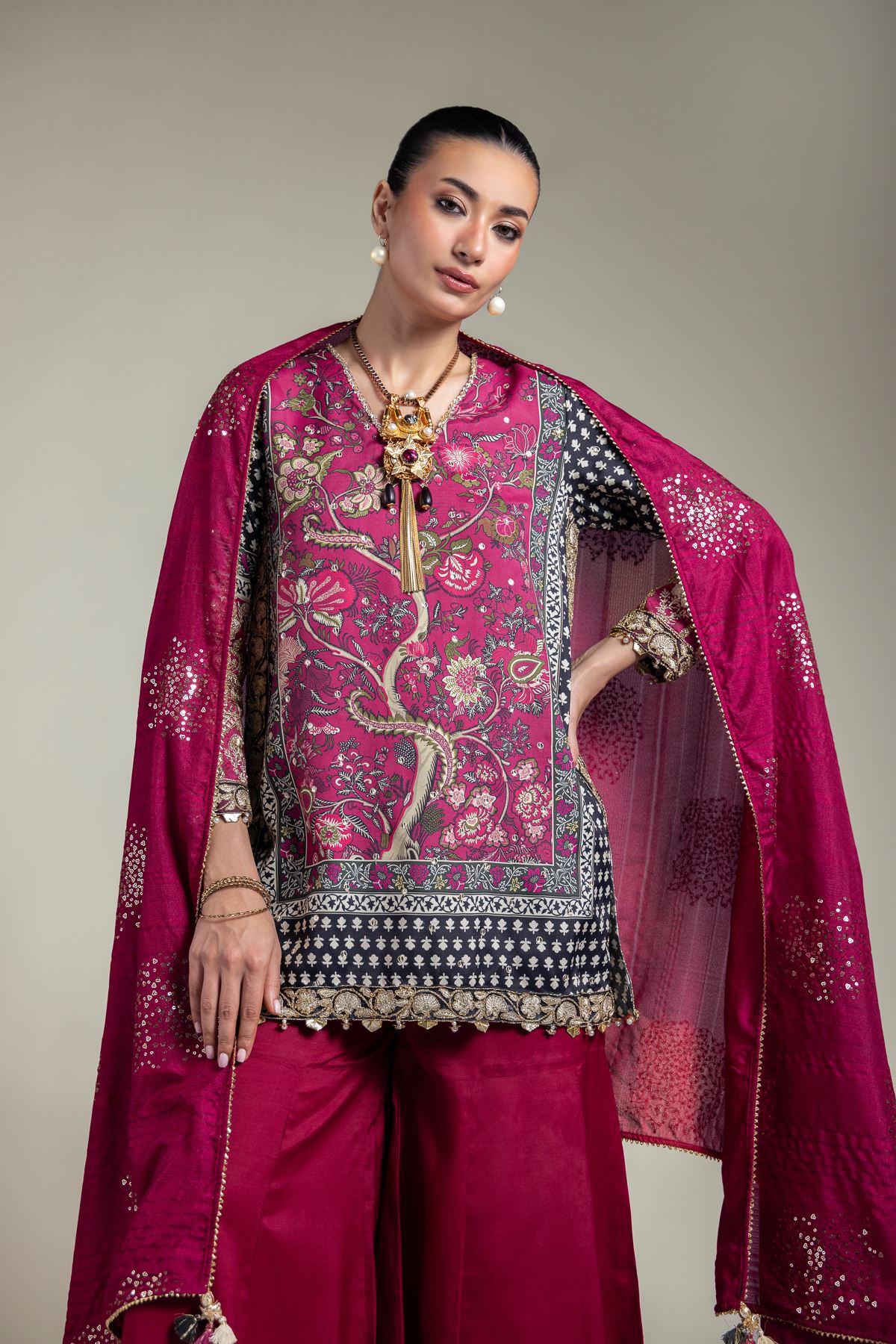 Embroidered Raw Silk Printed 3-Piece Set - 1001928305