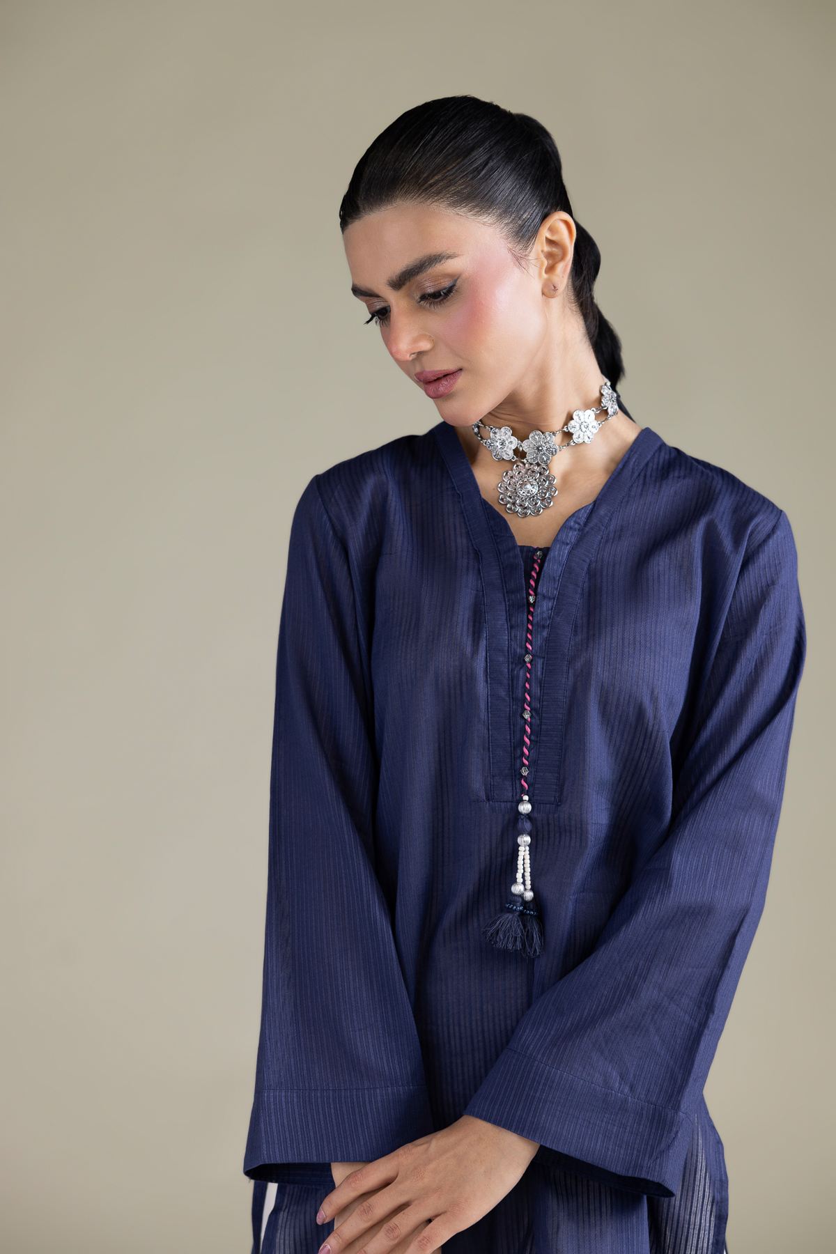 Dyed Cotton Dobby Navy V-Neck Kurta - 25-10-12E6-07TA-VG