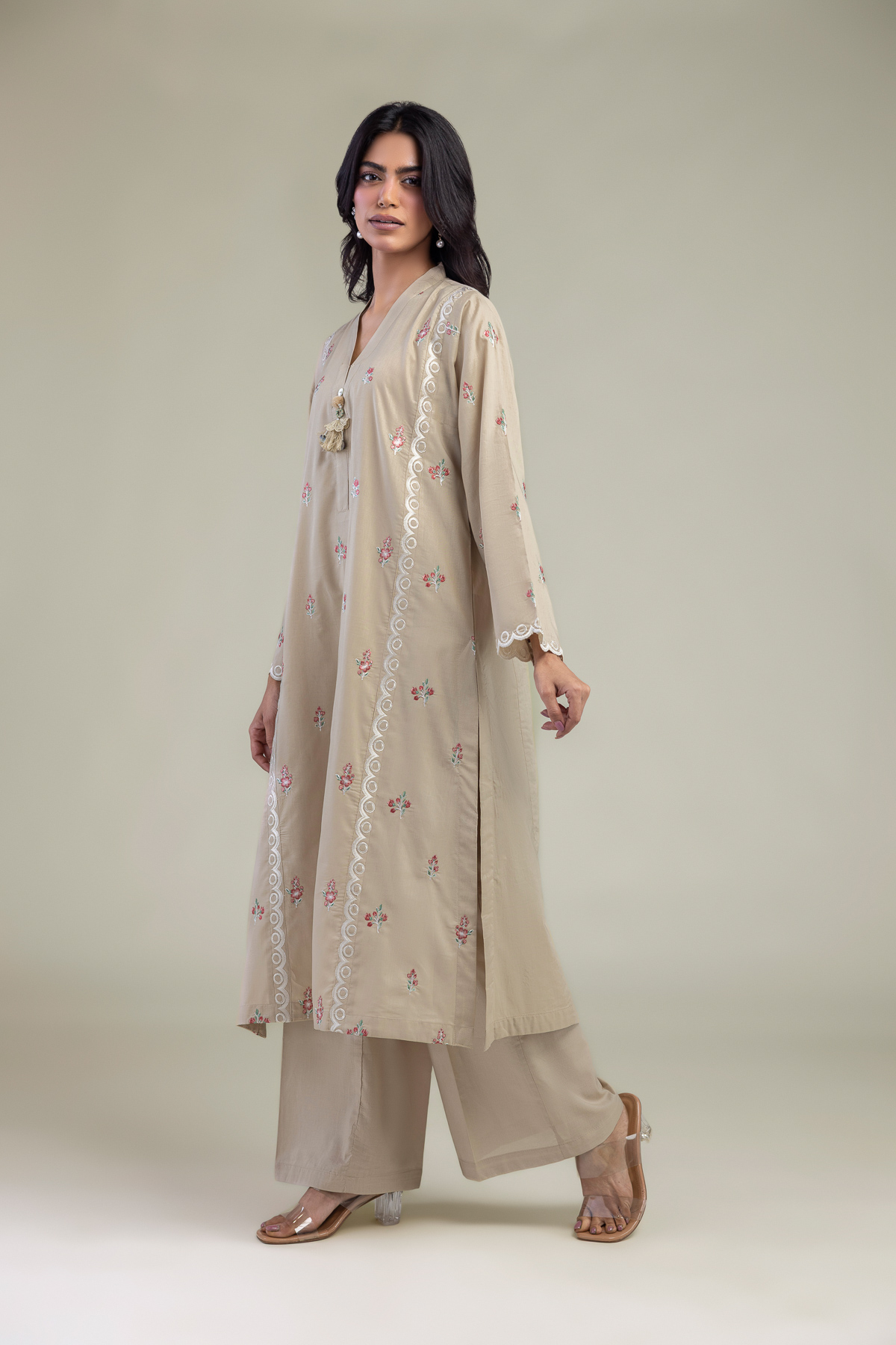 Embroidered Cambric Beige Solid Pants - 1-26-229-B-F1-VG