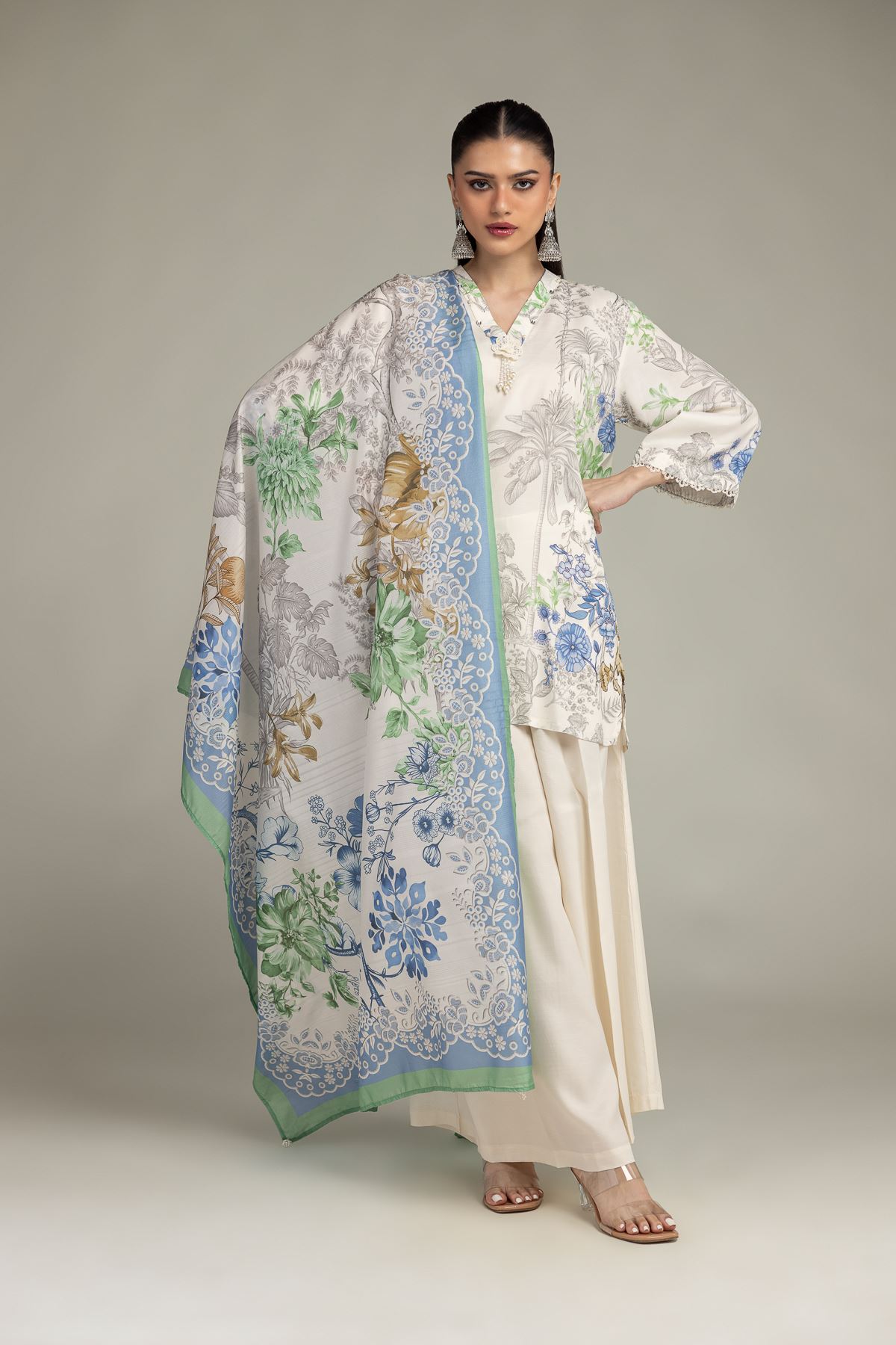 Embroidered Polyester Silk Floral Silk Dupatta - 1-26-203-A-C1-VG