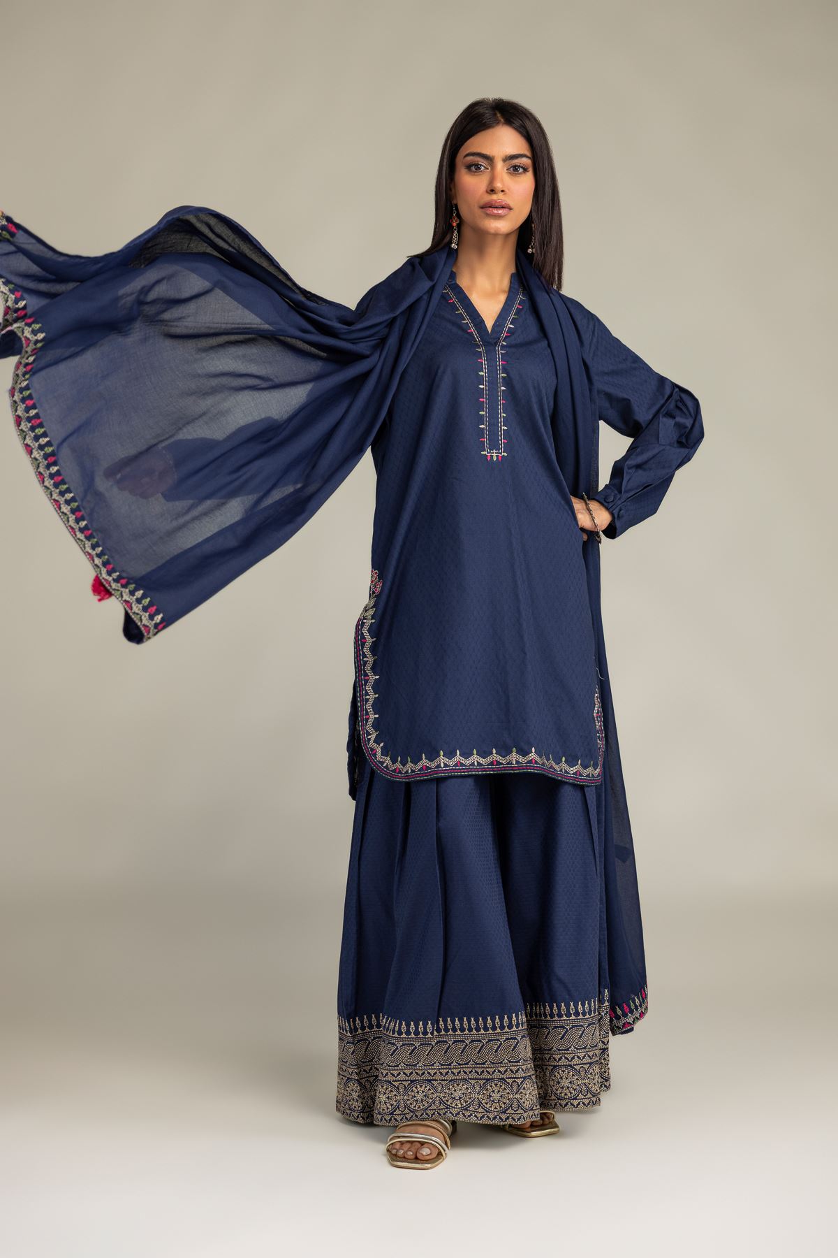Embroidered Lawn Navy Lawn Dupatta - 1-26-102-A-F-VG