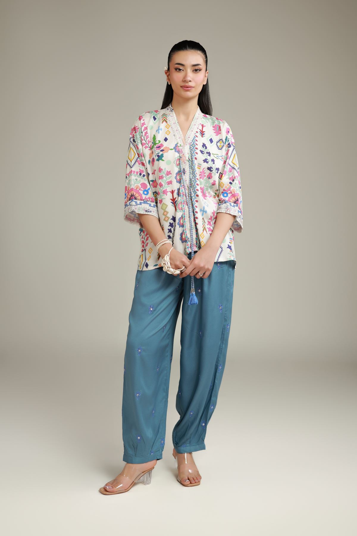 Embroidered Viscose Crepe Floral V-Neck Tunic - 6-26-103-B-A-VG