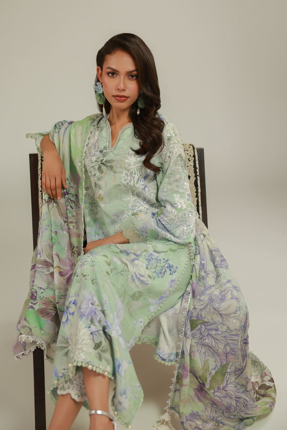 Embroidered Raw Silk Floral 3-Piece Set - T-A22-26-113FC1-VG