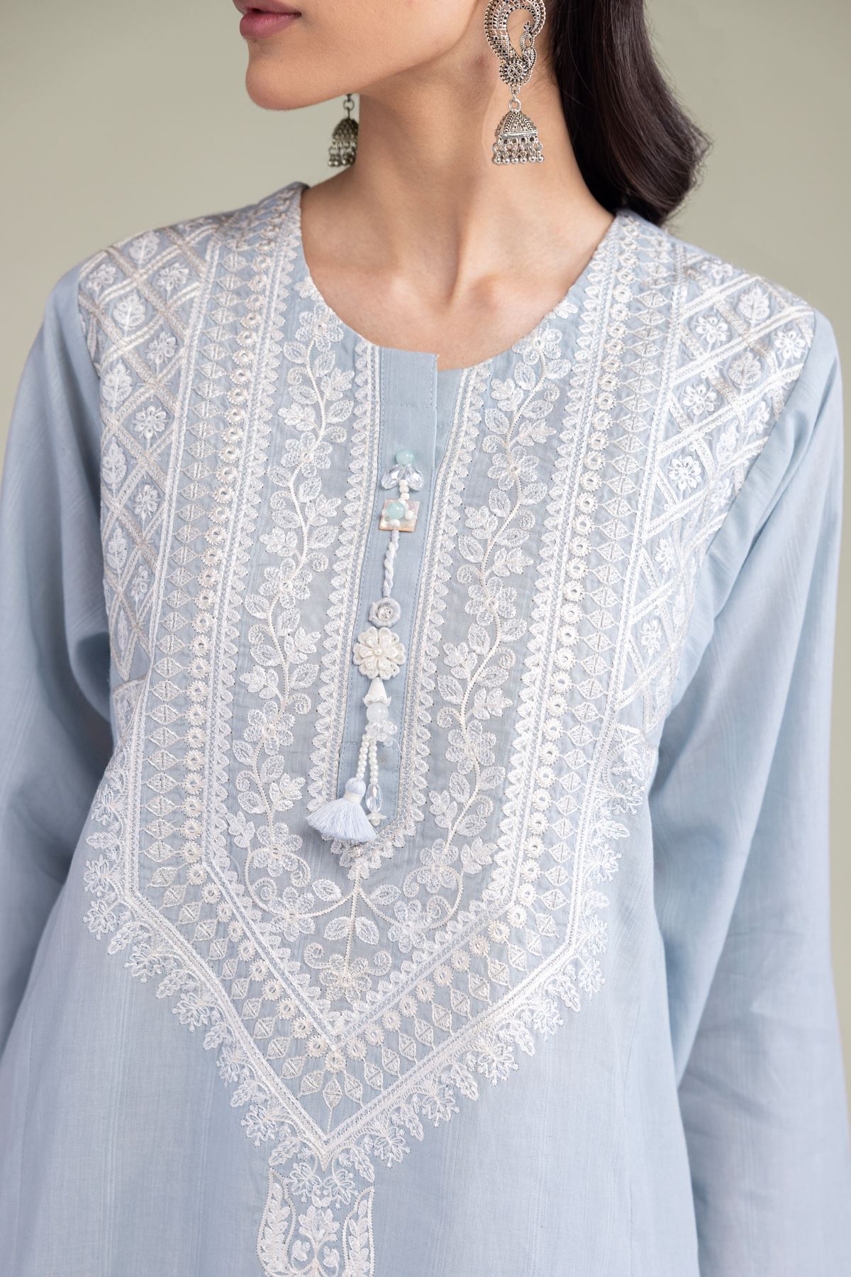 Embroidered Textured Cotton Tailored 2 Piece | Top and Bottom - 2-26-102-A-B-VG