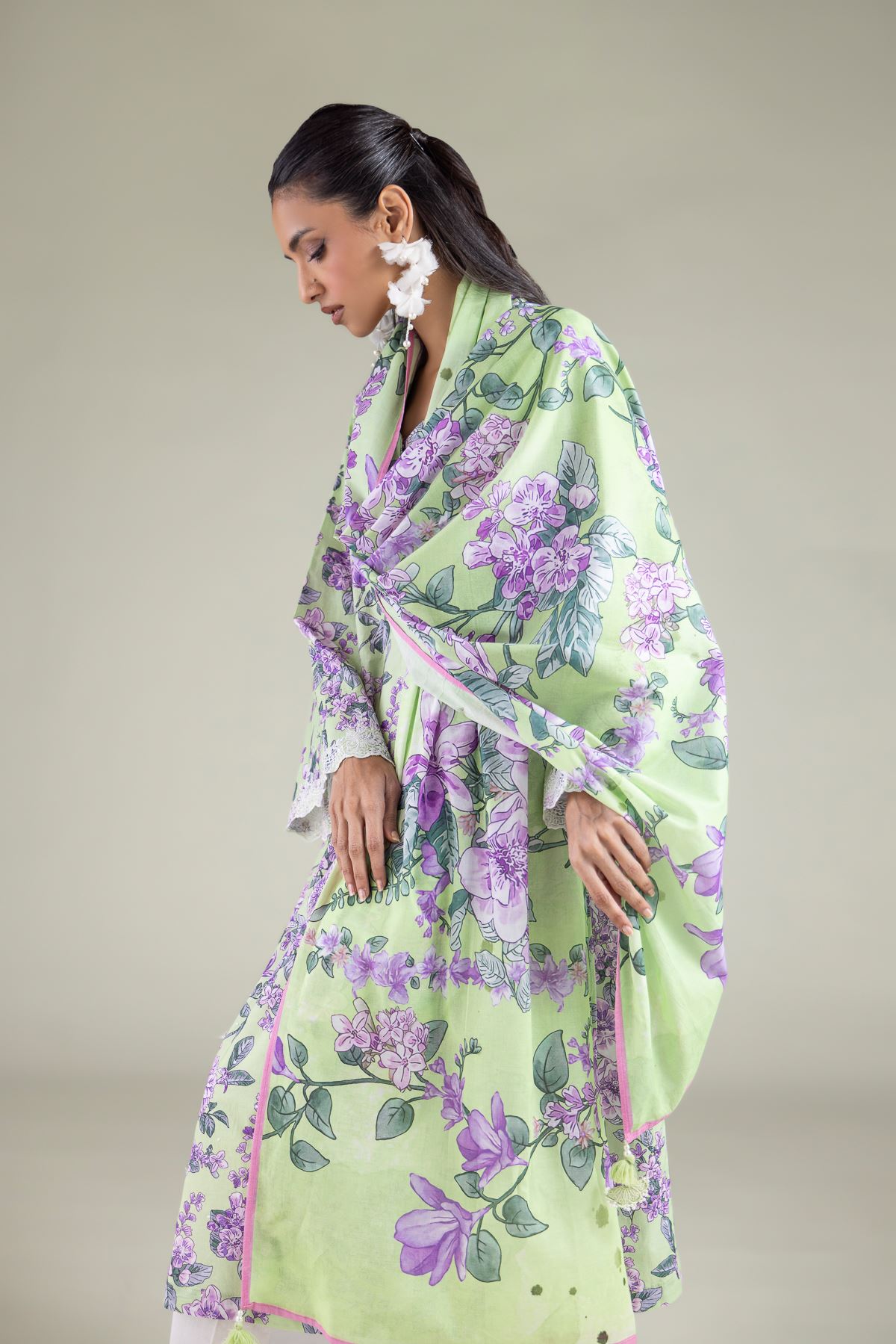 Embroidered Lawn Floral Tassel Dupatta - 1-26-127-A-C-VG