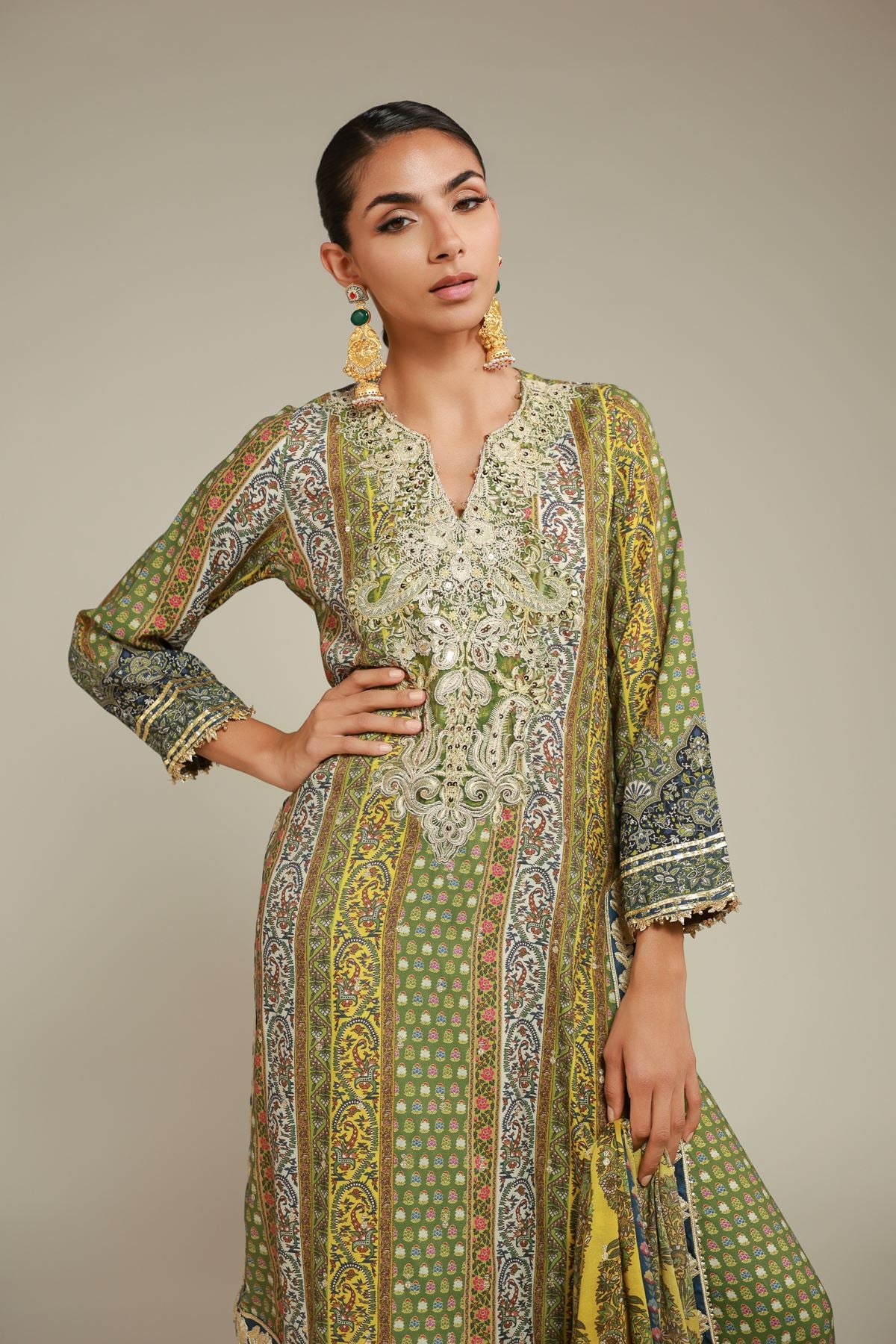 Embroidered Raw Silk 3 Piece Co-ord Set - 25-11-12S2-10TA-VG