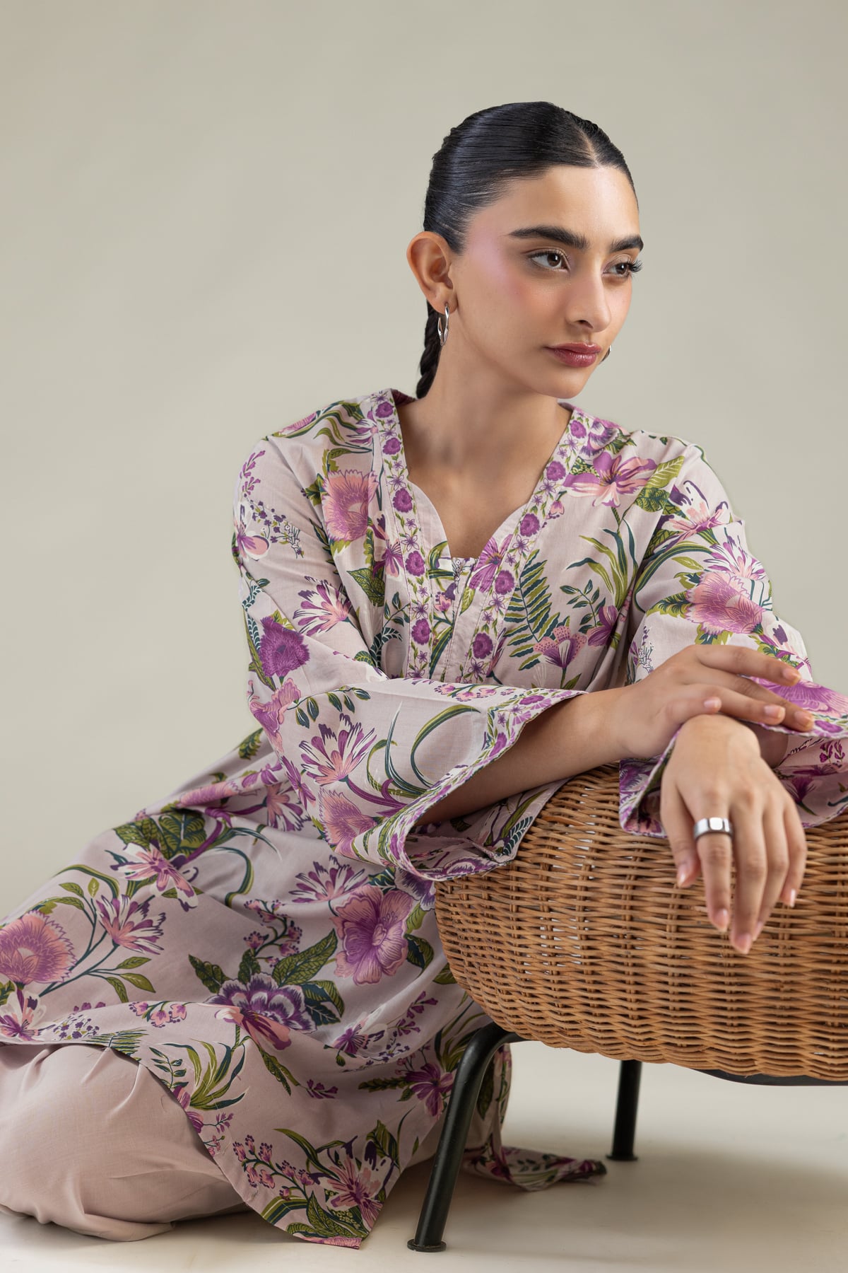 Printed Cambric Floral V-Neck Kurta - 1-26-239-A-G1-VG