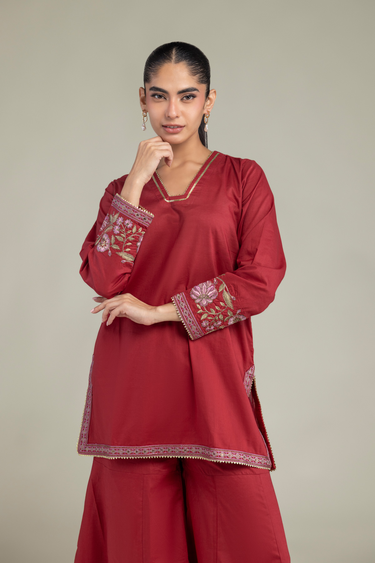 Embroidered Cambric Red Floral Kurta - 1-26-102-A-F-VG