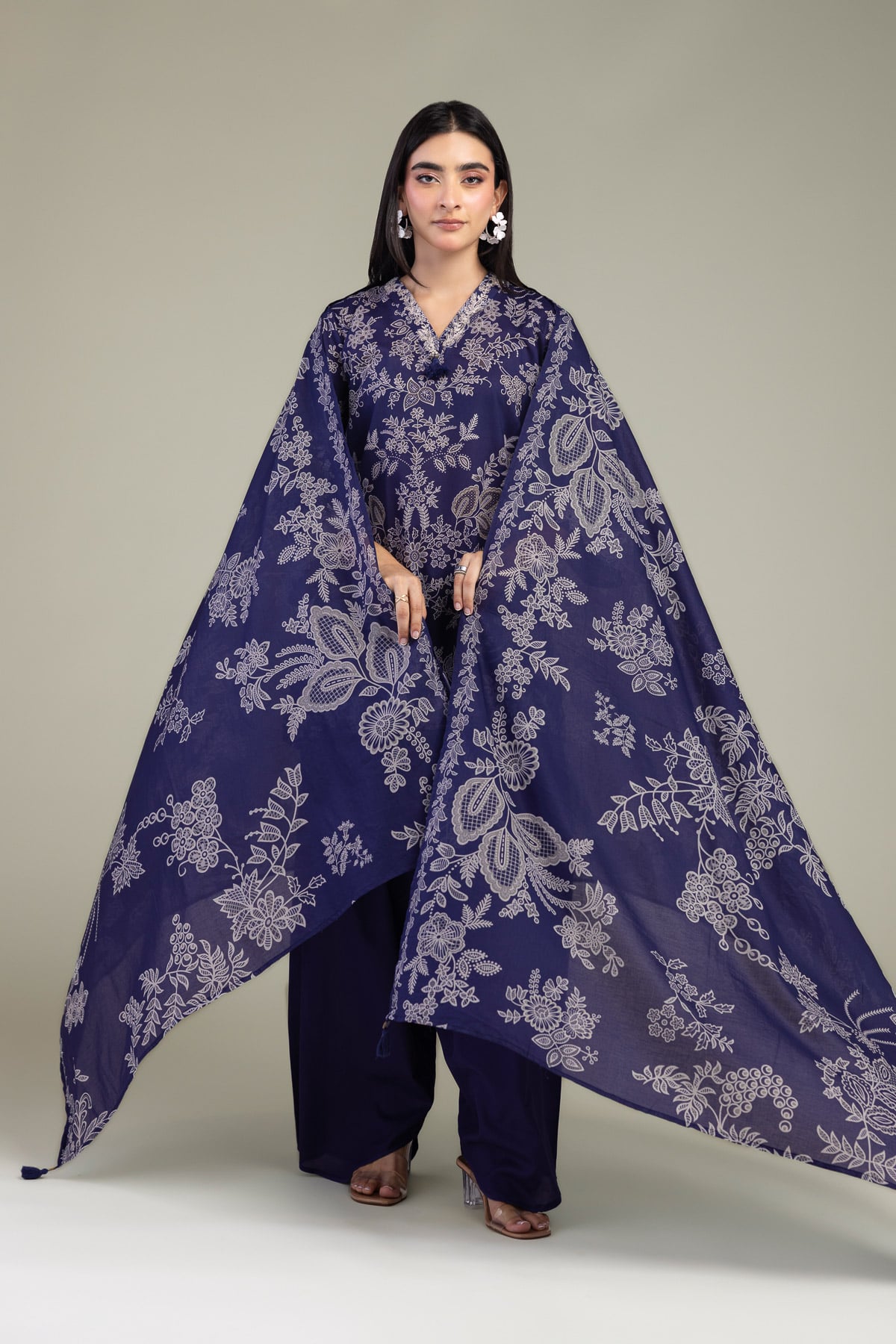 Embroidered Lawn Floral Navy Dupatta - 1-26-102-A-F-VG