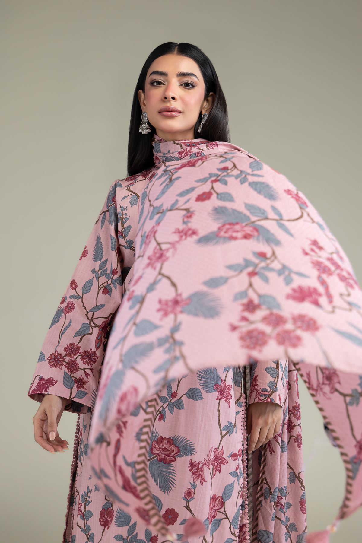 Printed Lawn Floral Pink Dupatta - 25-10-11E8-08TA-VG