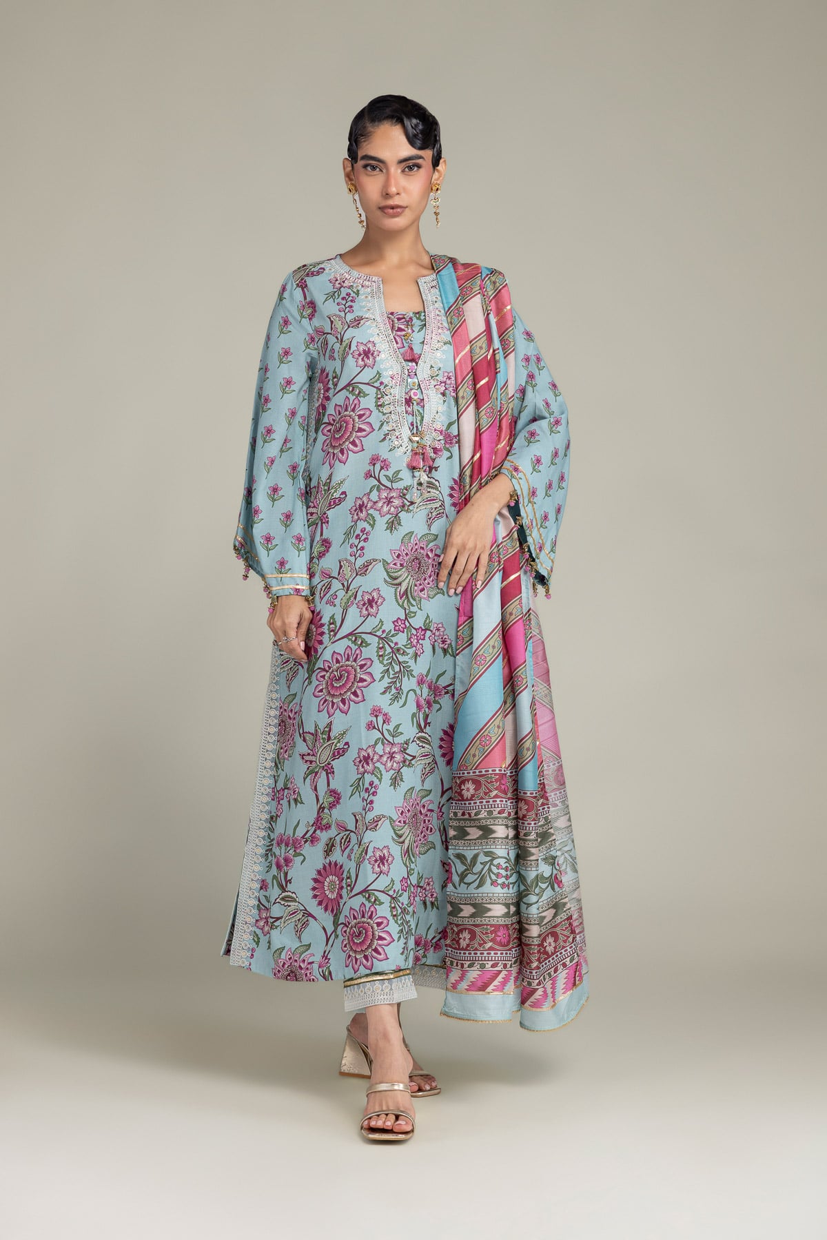 Embroidered Raw Silk Floral Silk Pants - 1-26-102-A-F-VG
