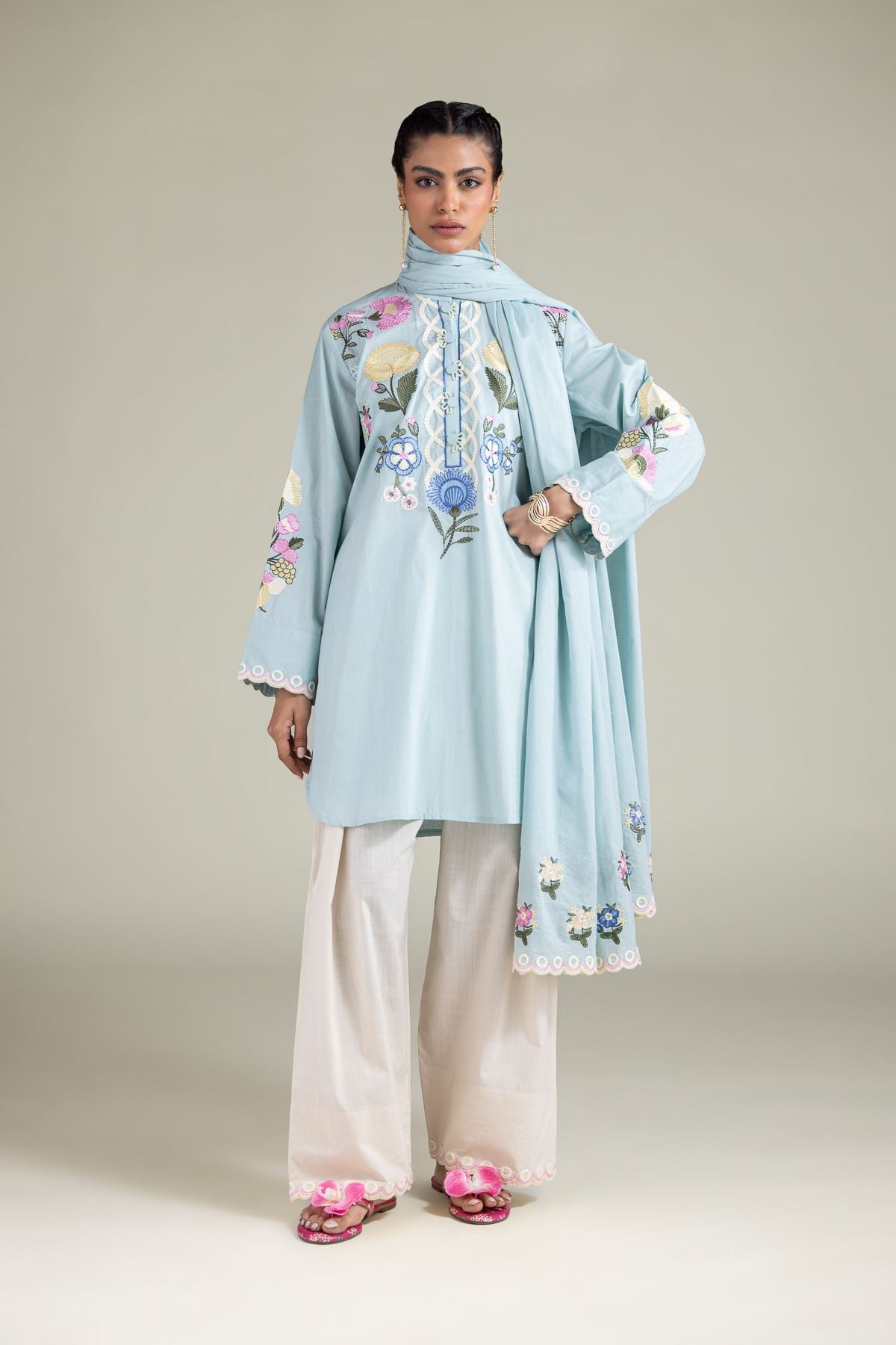 Embroidered Textured Cotton Relaxed Lace-Up Shalwar - 1-26-108-A-B-VG